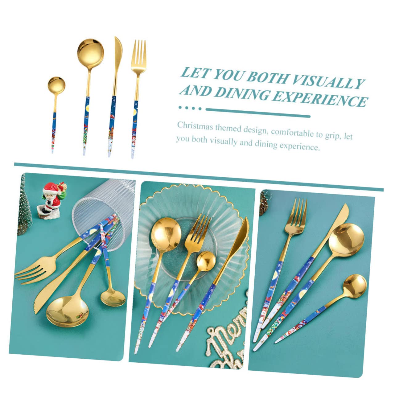 Alipis 4 Juegos De Cuchara Navideña De Acero Inoxidable Kit De Cubiertos De Estilo Europeo Vajilla Cubiertos De Fiesta Kit De Chapado En Oro Para Carne