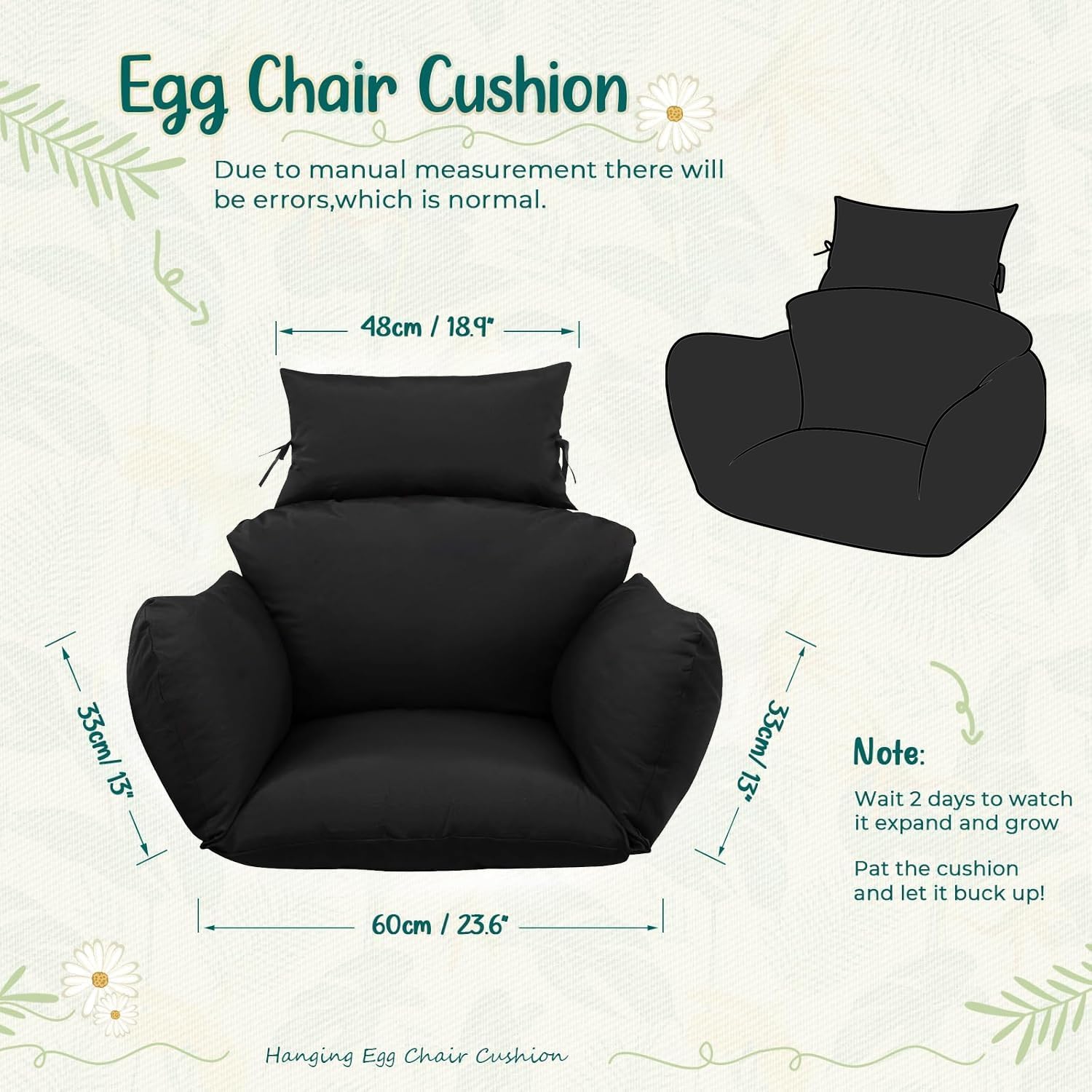 Outdoor Patio Hanging Egg Chair Cushion Replacement, Blue Thicken Cotton Hanging Basket Chair Cushions Indoor Waterproof Egg Chair Cushion 47x31.5x4.7 inch (Black)