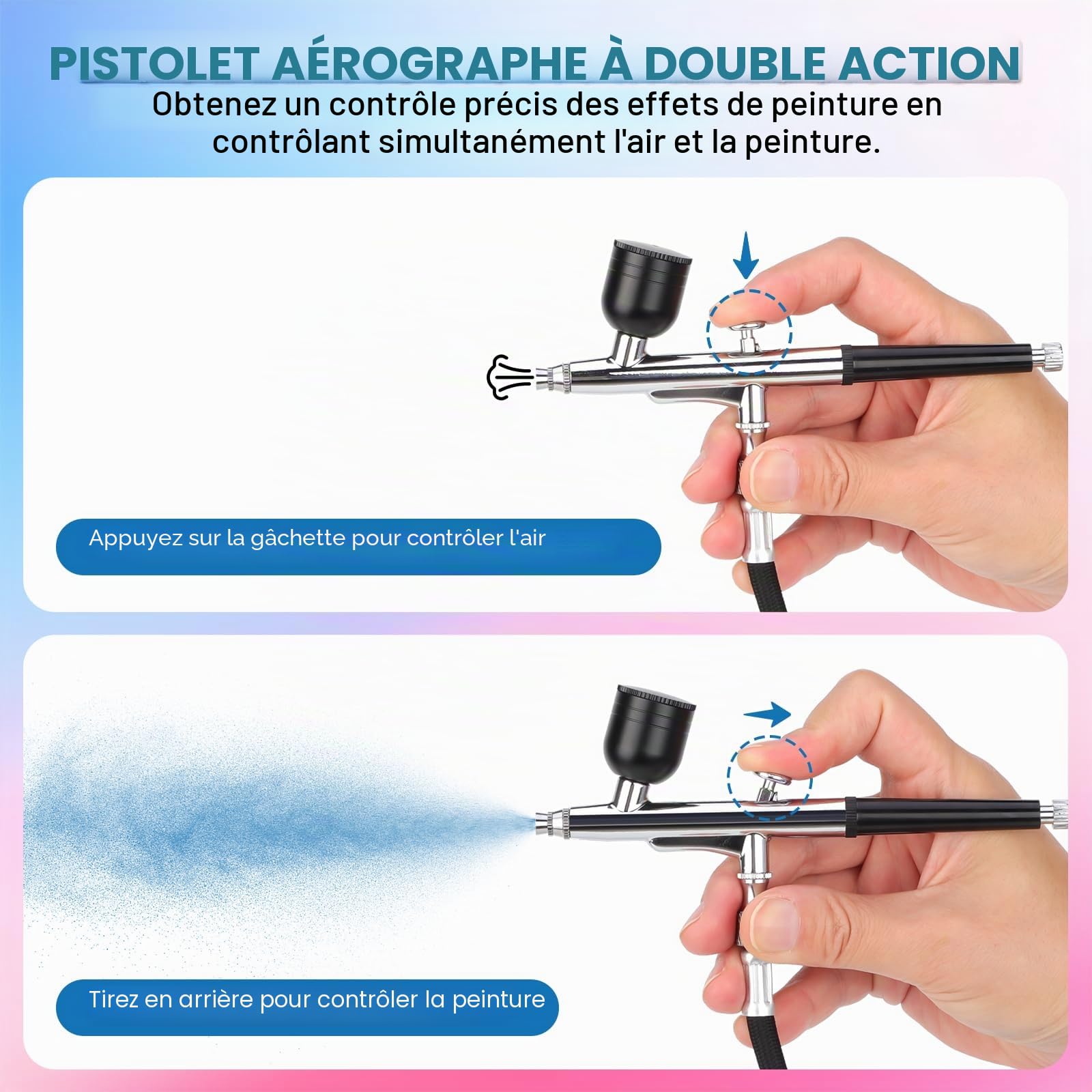 Aerographe Kit Complet Airbrush Set: 50 PSI Double Action Aérographe 3 Modes Aerographe avec Buse de 0,2/0,3/0,5 mm et Kit de Nettoyage pour Ongle Aérographe Modelisme