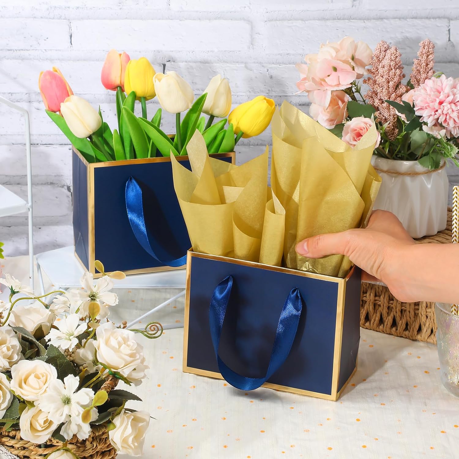 EQOREIIN 30 Pcs Small Metallic Foil Gift Bags with Handles, Blue Gold Thank You Favor Bag with Tissue Paper for Back to School Baby Shower Wedding Mother's Day Christmas Party (6.4x3.1x5.1 Inch) - Image 4