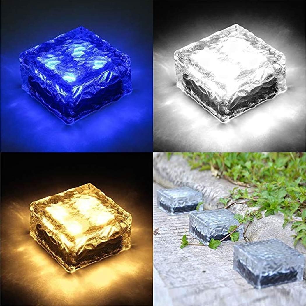 Solar Brick Lights Outdoor Waterproof Solar Powered Ice Cube Lights Frosted Glass Garden Landscape Lighting for Courtyard Pathway Patio,4 Pack,Blue