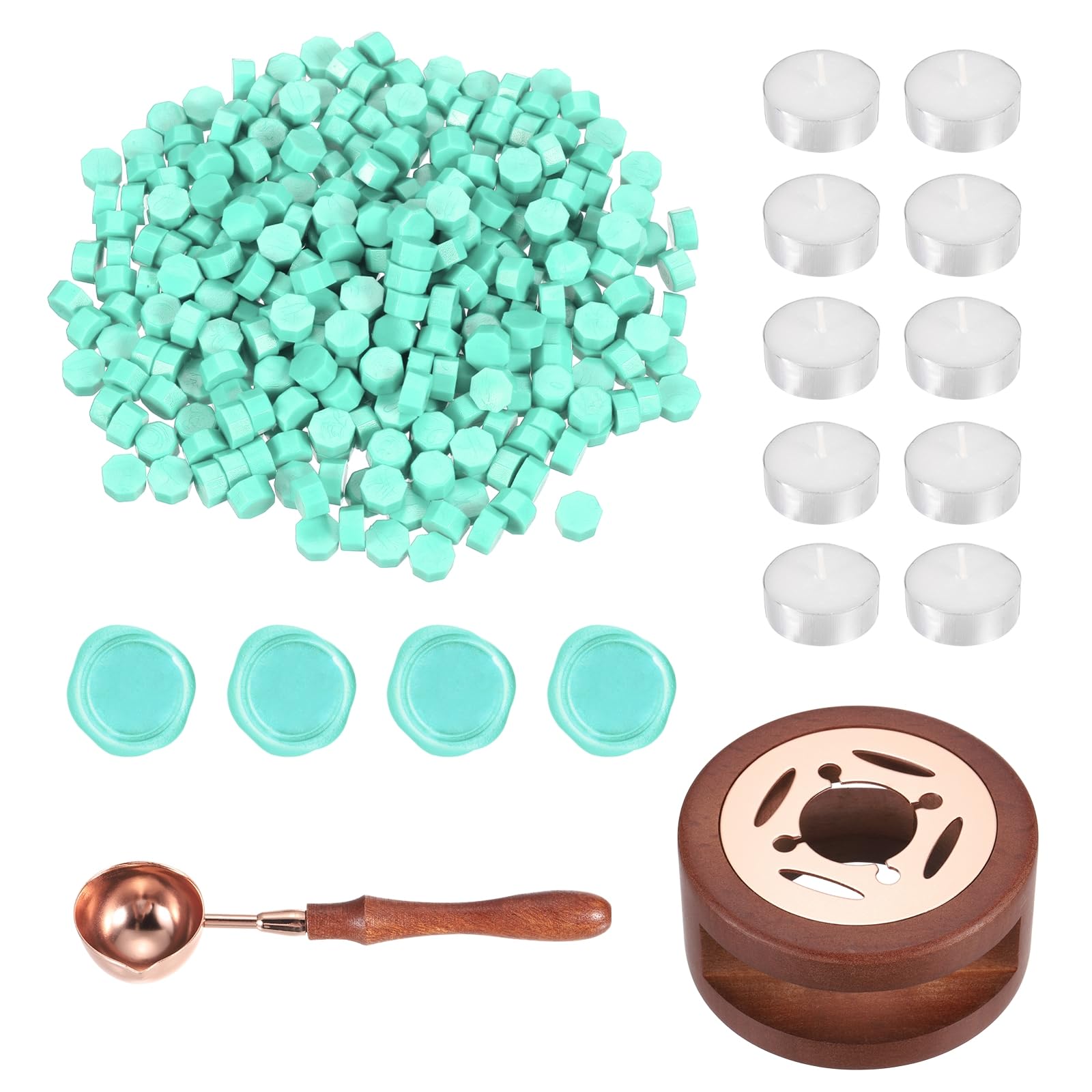 PATIKIL Wax Seal Kit, 300 Pcs Wax Sealing Beads, Wooden Warmer, Melted Spoon, 10 Pcs Tealight Candles for Envelope Letter Mailing Crafts DIY, Mint Green