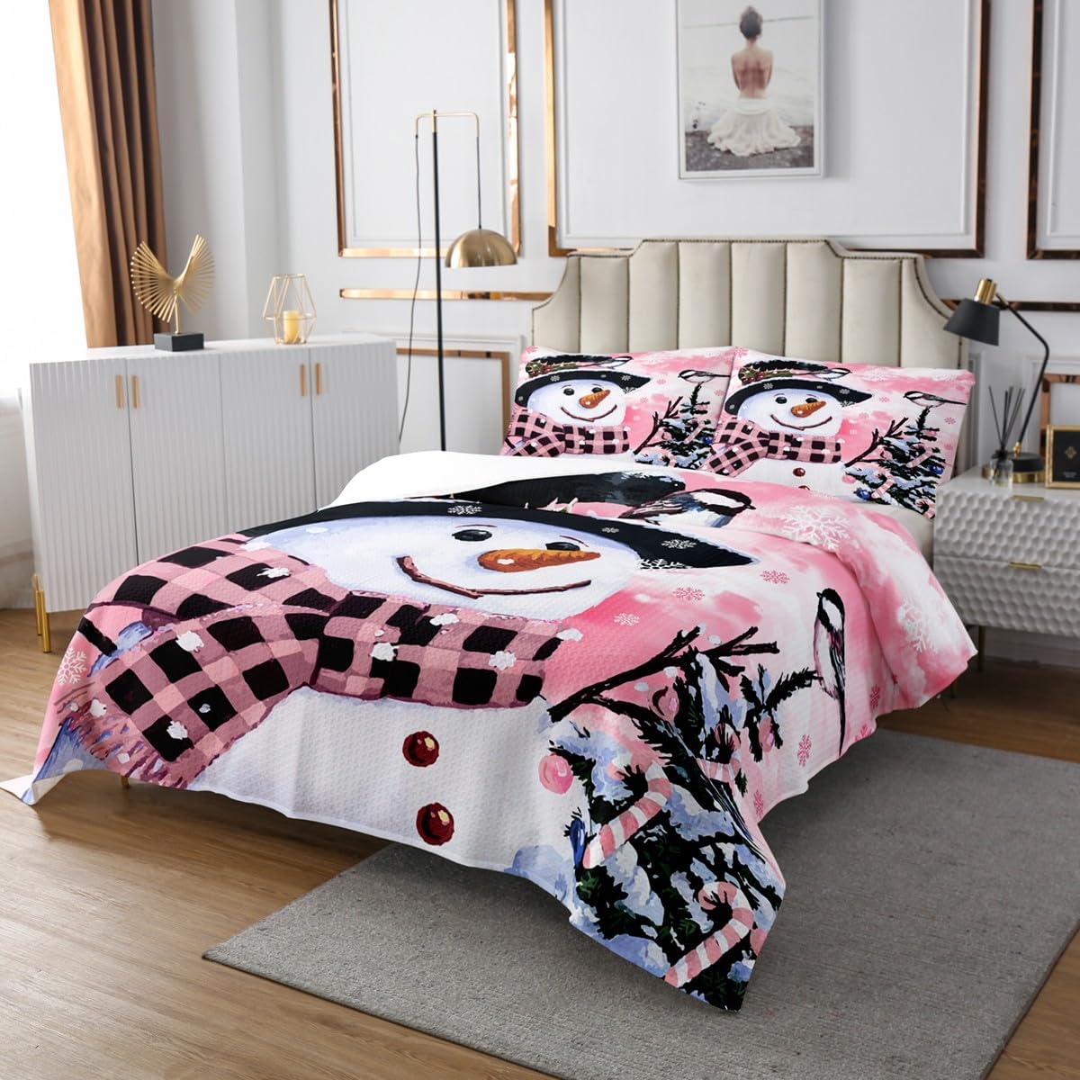 Feelyou Kids Christmas Theme Decorations Bedding Set Xmas Snowman Quilted for Boys Girls Snowflake Kawaii Cute Coverlet Set Watercolor Pink Bedspread Bedroom Collection Twin Size