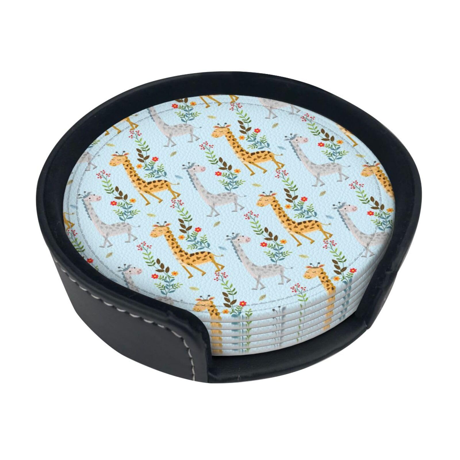 Cute Giraffe Flowers Print Round Coasters Set Of 6,Coaster For Tabletop Protection Home Bar Decor