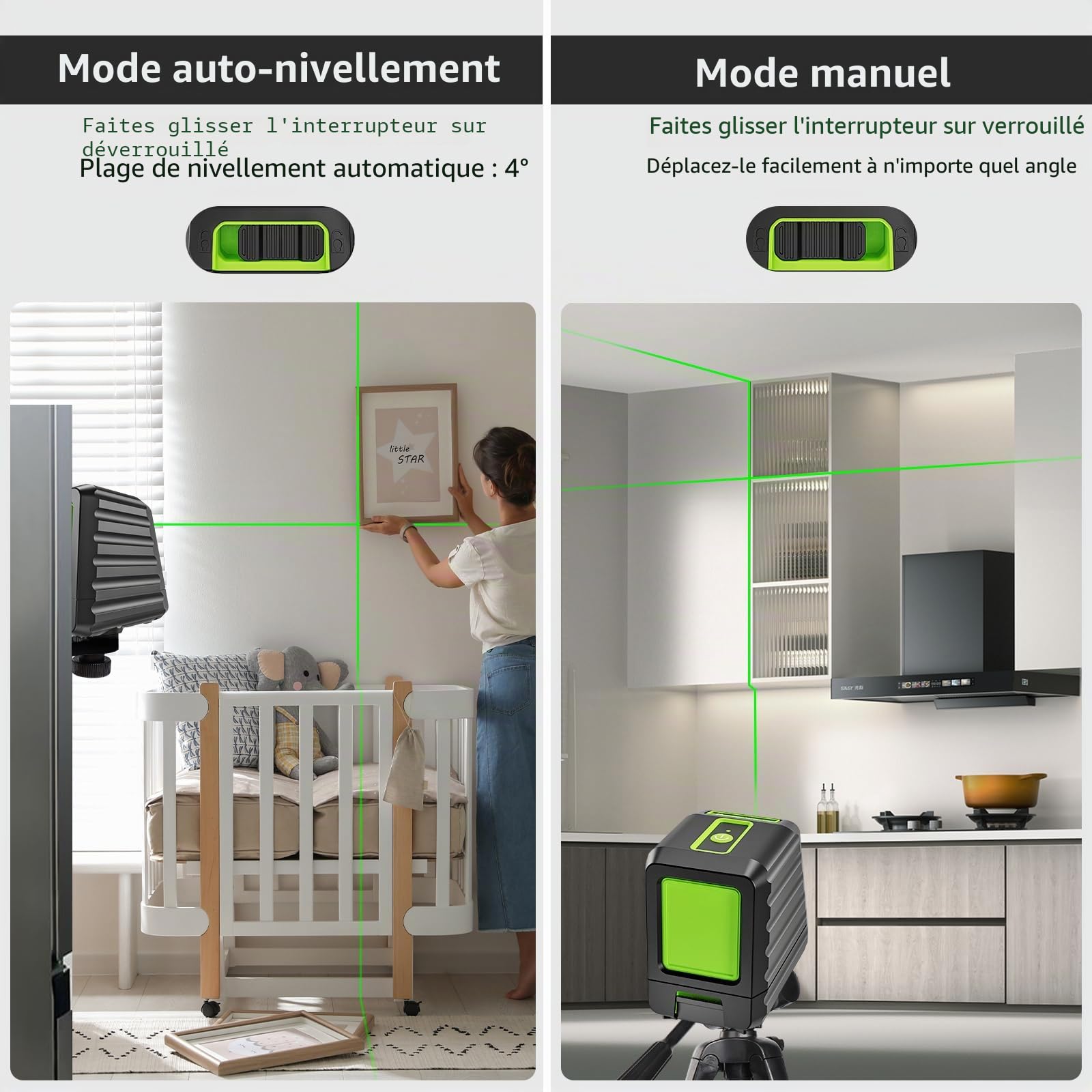 Huepar BOX-1G Niveau Laser Croix Vert, Commutable Ligne Laser Auto-nivellement avec Mode Pulsé Extérieur, H130°/ V150°Angle de couverture, Distance de Travail 25m, Base Magnétique Incluse