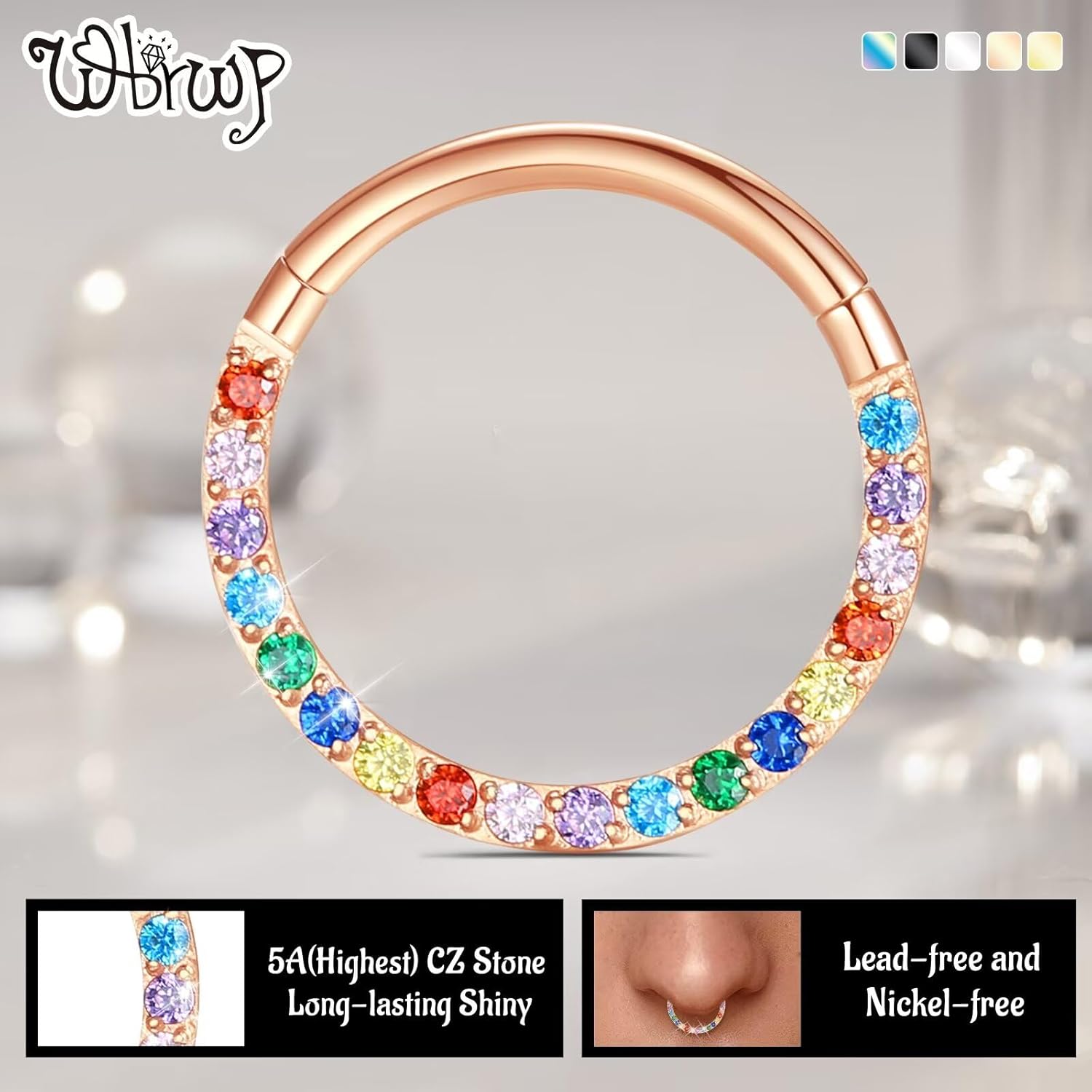 WBRWP Hinged CZ Septum Nose Rings Hoops: 316L Surgical Steel Septum Rings for Women 20G 18G 16G 14G Cartilage Earrings Conch Helix Daith Piercing Jewelry Rook Tragus Lobe Hoop 6mm 8mm 10mm - Image 2