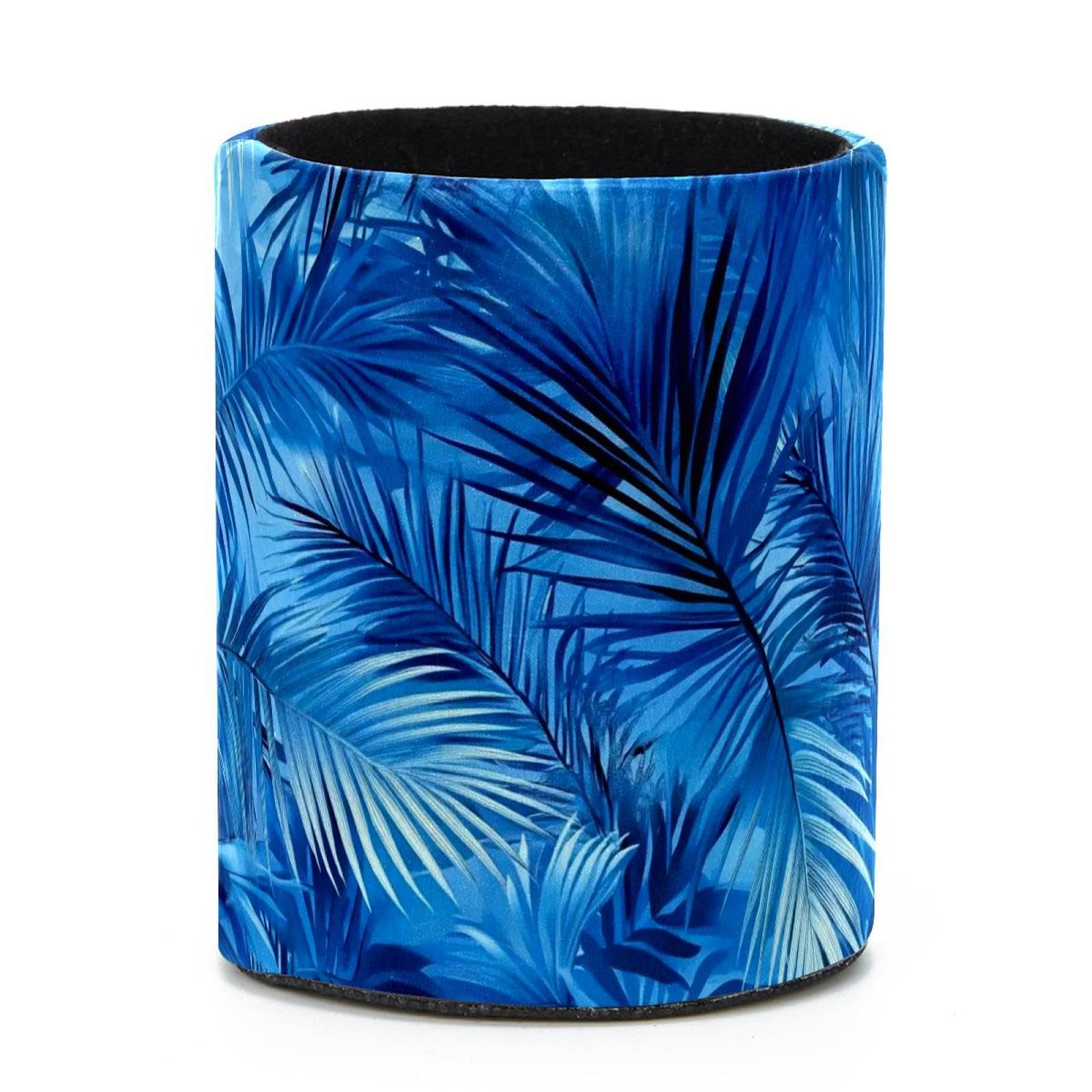 VAPOKF Round Pencil Holders for Desk, Blue Palm Leaves Pen Holders Pen Pot Makeup Brushes Storage Desktop Stationery Supplies Organiser for Home Office