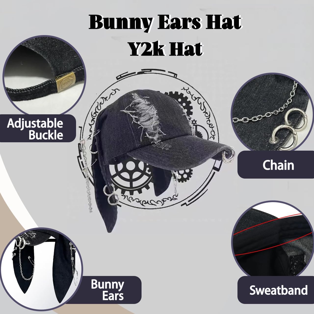 Y2k Hat Punk Hats Denim Bunny Hat Chains Distressed Baseball Cap Kpop Outfits Y2k Grunge Hats for Women