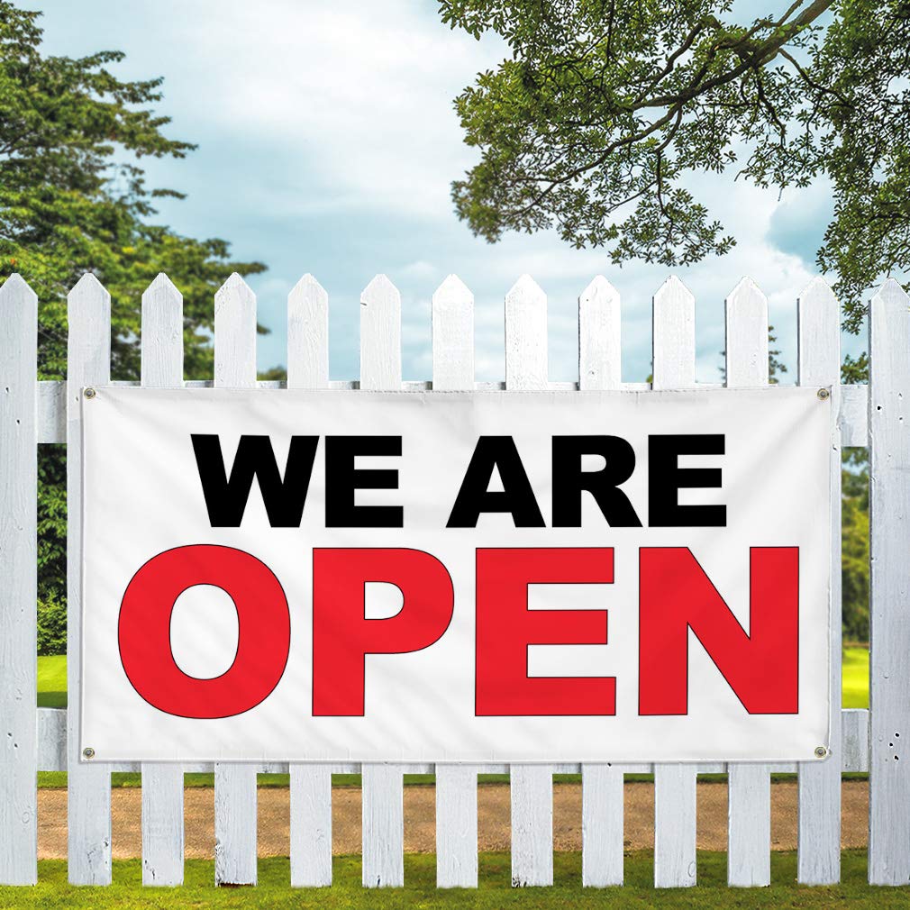 Cartel de vinilo de varios tamaños con texto en inglés "We are open", color negro, rojo, negocios, resistente a la intemperie