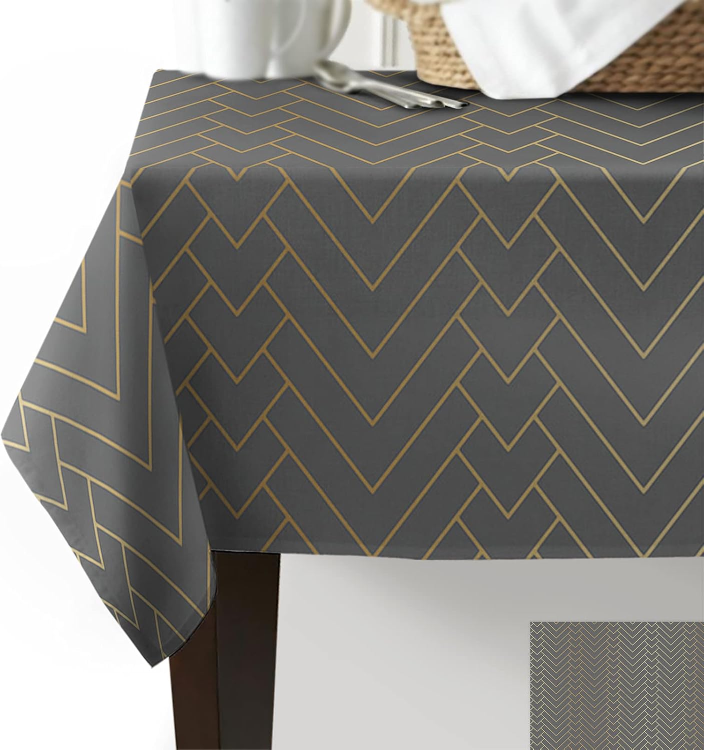 Savannan Tablecloths, Herringbone Geometric Modern Pattern Gold Gray Water Repellent Fabric Table Cloths Dining Table Covers for Buffet Parties Camping, Rectangle 60" X 84"