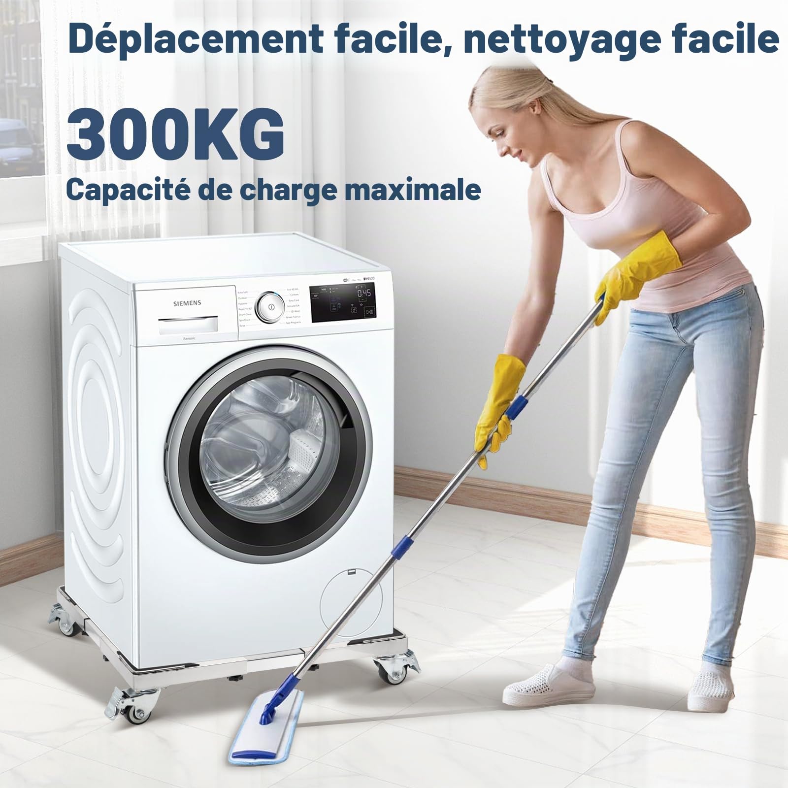 W B D WEIBIDA Support Lourd pour Machine à Laver en Acier Inoxydable avec 4 Roues Verrouillables, Capacité 300KG Socle Lave Linge Résistante à la Rouille Réglable de 54-72CM, Support pour Sèche-Linge