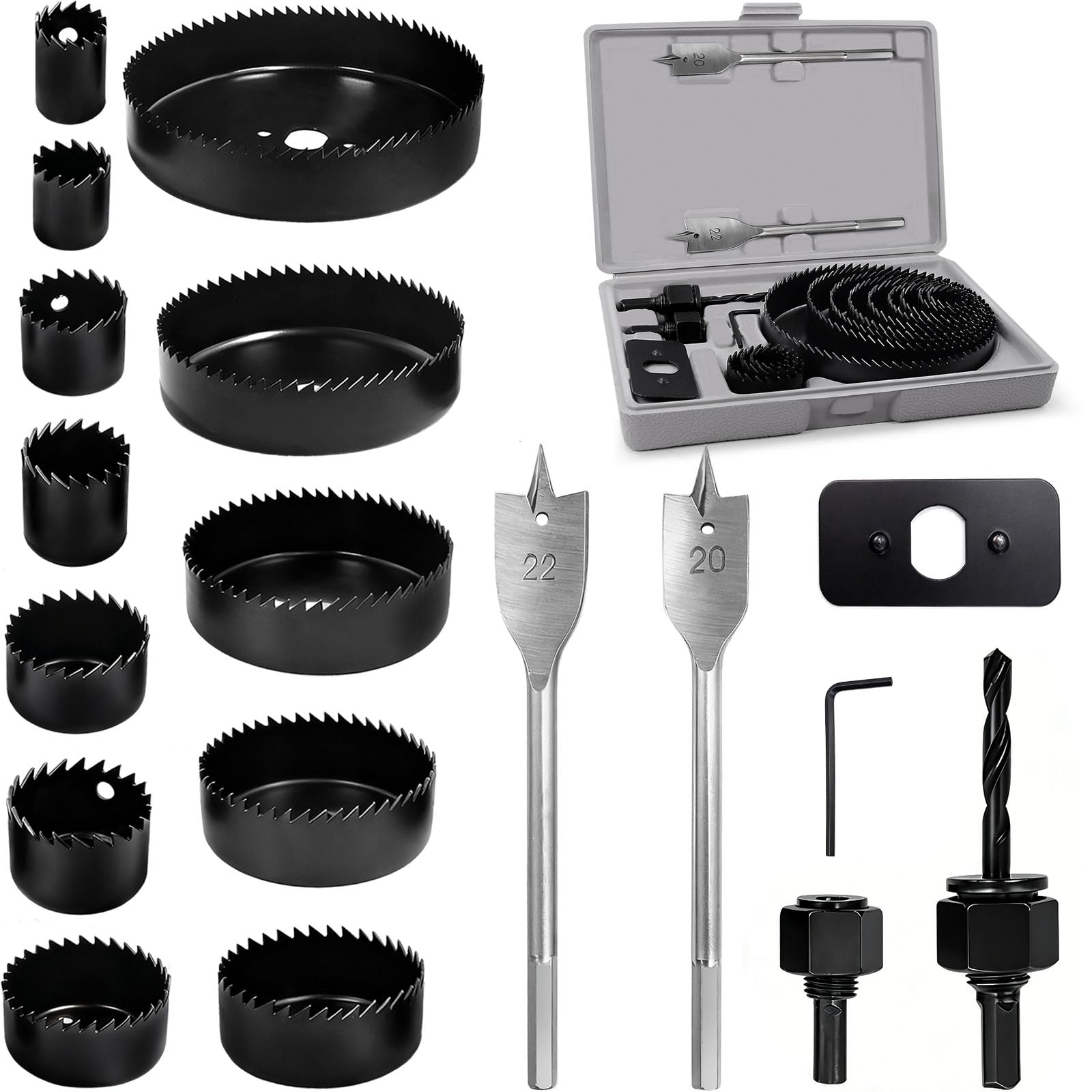 18Pcs Hole Saw Kit,Wood Hole Saw Set with 3/4in-5in Hole Saws,Mandrels,Drill Bits,Installation Plate,Hex Wrench,Flat Saw,Storage Case for Wood,Plywood