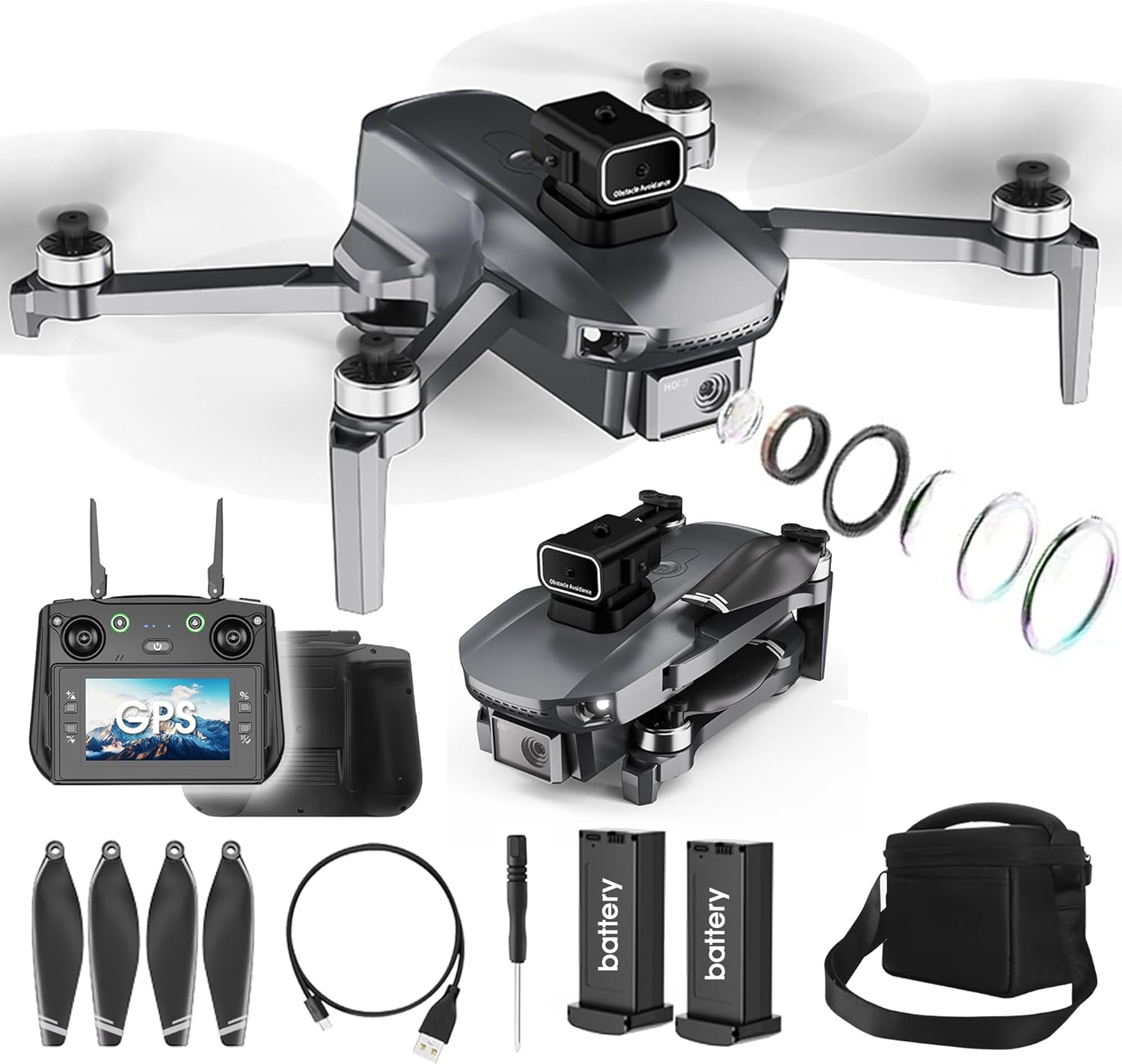 Unfolded mcokoe S186GPS drone with its remote control and accessories.