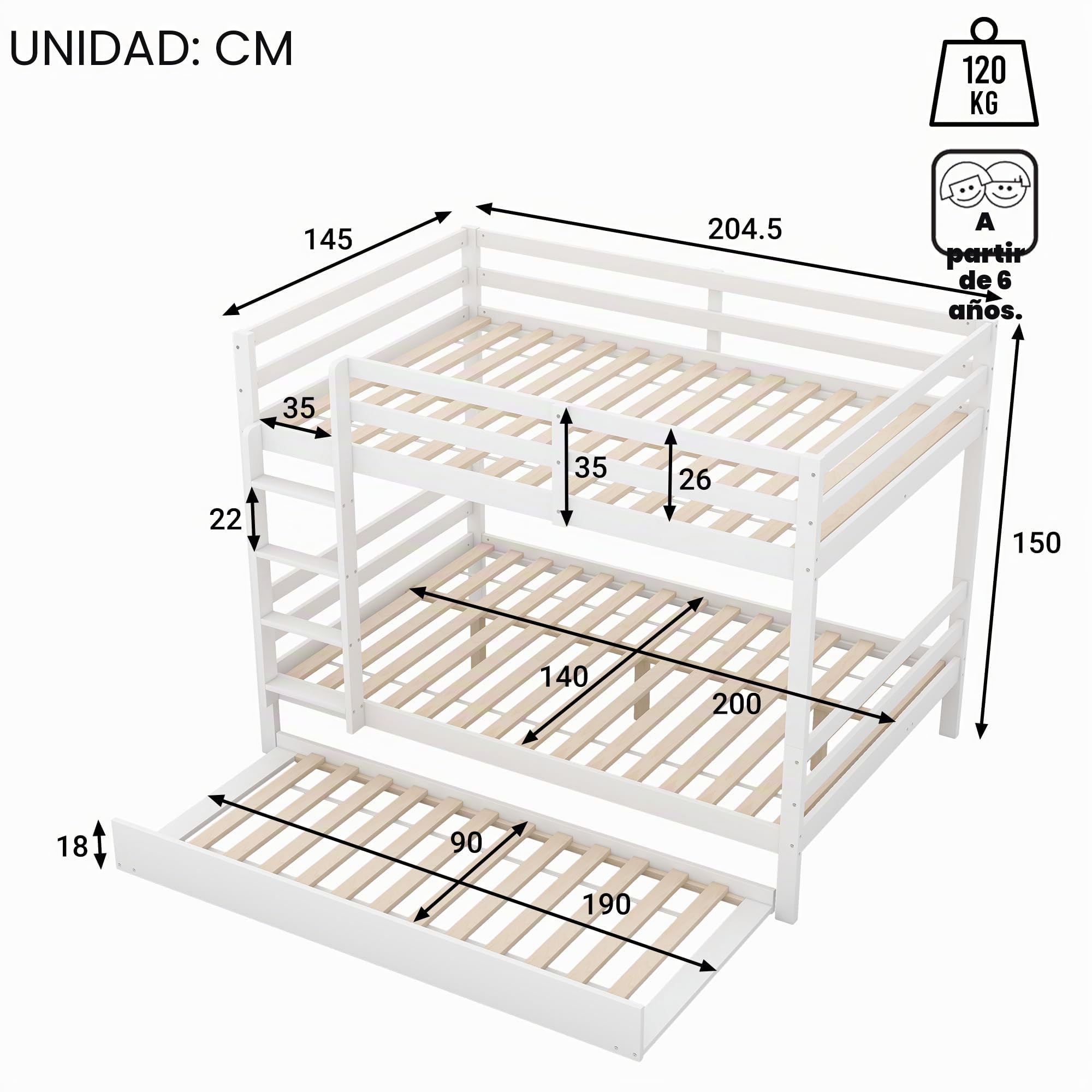 Azkoeesy Litera Triple 140x200 cm con Cama Nido para 3 a 5 Personas, Estructura Estable de Madera de Pino, con Escalera, Somier, Adecuada para niños y Adolescentes, Color Blanco
