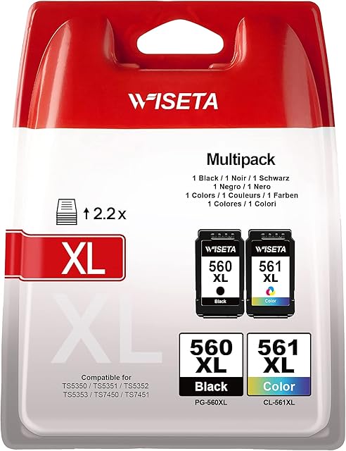 WISETA PG-560XL CL-561XL Compatible Ink Cartridges, 2 Pack Black and Tri-colour, Ink for Canon 560 561 XL for Pixma TS5350 TS7450 TS5351 TS5352 TS5353 TS7451 Printer