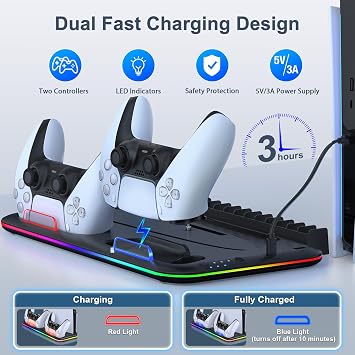 Cooling Stand for PS5 with Dual Controller Charging Station Compatible with PS5 Pro/Slim Disc & Digital Console, Vertical Stand with 3-Speed Fan, 15 Game Disc Slots, Headphone Hook, LED Lights, Black