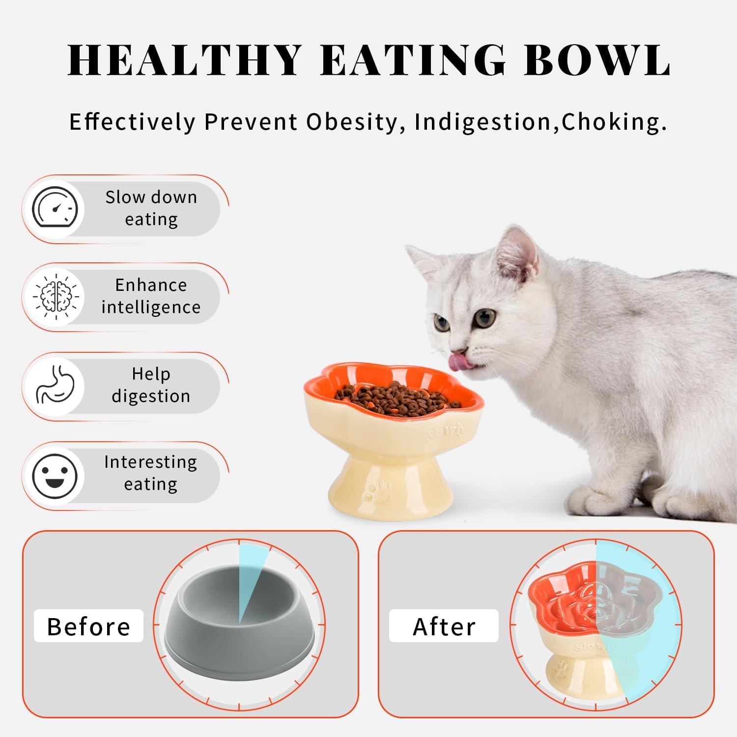 S&Q's CERAMICS Raised Slow Feeder Cat Bowl, Ceramic Glass Elevated Pet Food Bowl Small Dogs Slow Feeder, Flower Shaped Cute Dish for Dry and Wet Food (Orange, 5.8")