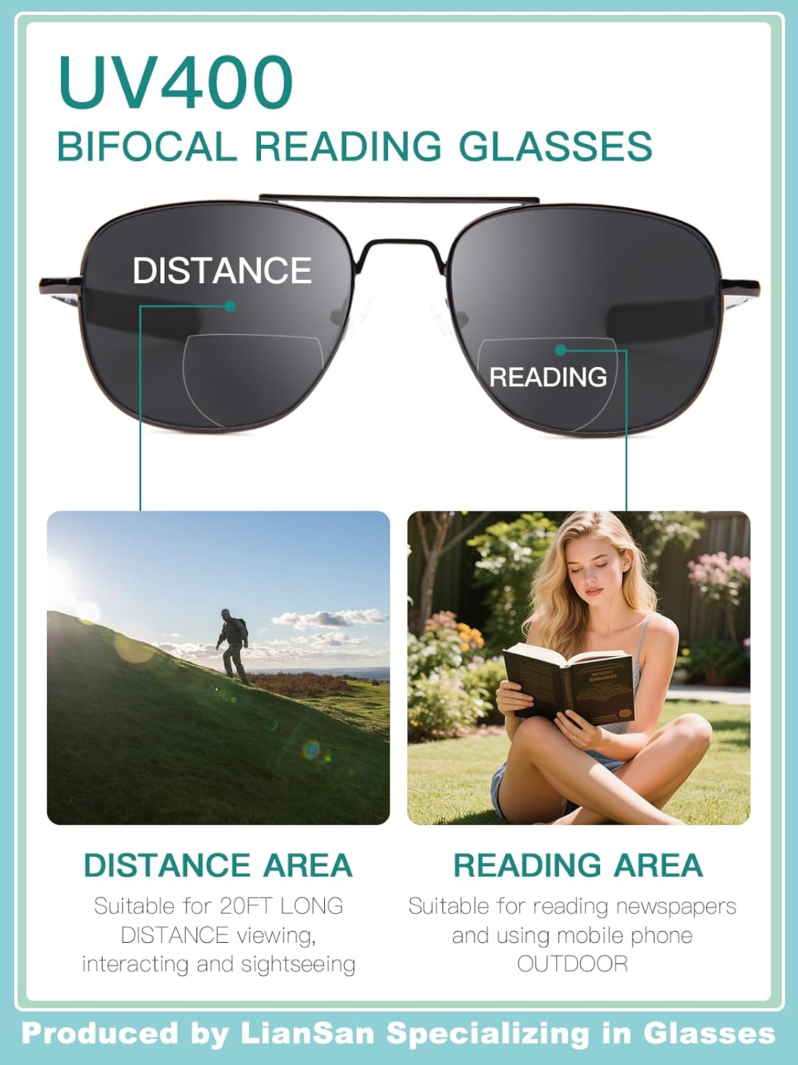 LianSan 2 Packs Premium Aviator Bifocal Reading Sunglasses for Men Women - Retro Sun Readers UV Protection Outdoor Cheaters(Gold&Gunmetal,2.00x) - Image 5