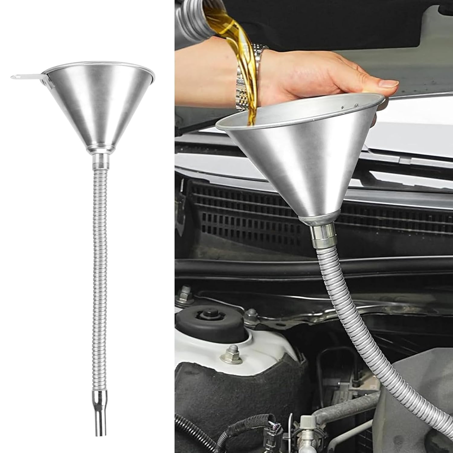 5 Pcs Stainless Steel Flexible Oil Funnel Set with Hose and Filter for Automotive Use, Universal Priming Funnel for All Oils