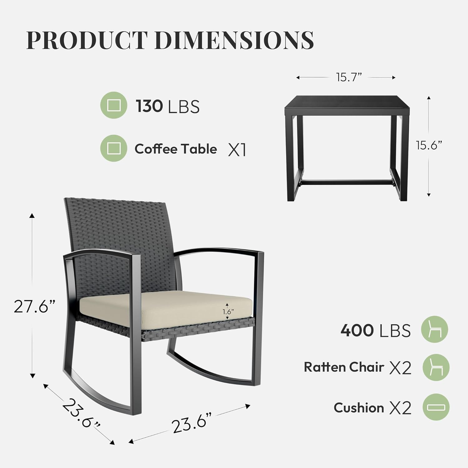 WWR Rocking Patio Bistro Sets 3 Piece - All-Weather - Conversation Furniture Set, Wicker Rattan Outdoor Front Porch Chair for Balcony, Porch, Garden, Backyard, Poolside