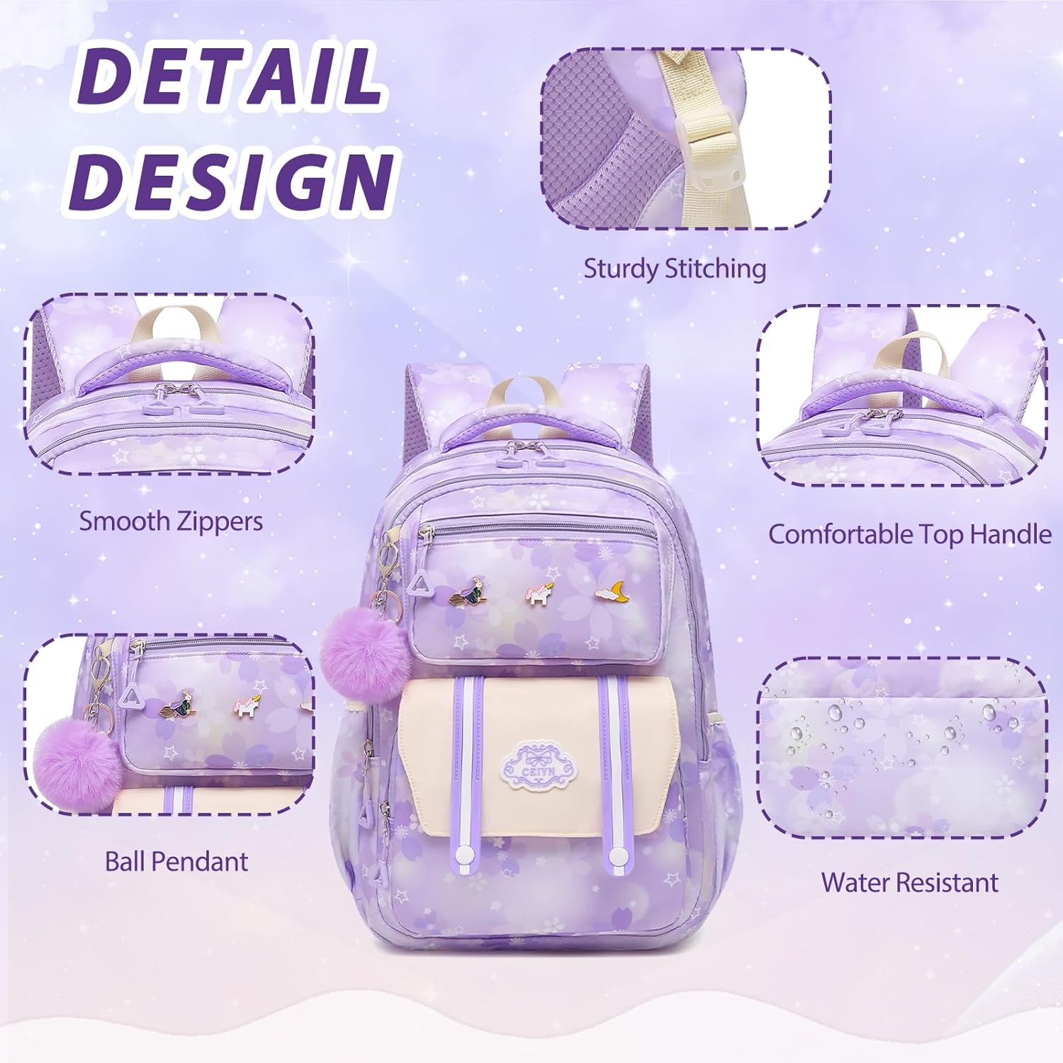 Alrisg Cute Girls Backpack - Stylish School Bag for Students Versatile Chic and Splash-Proof with Multiple Pockets（17inch Purple）