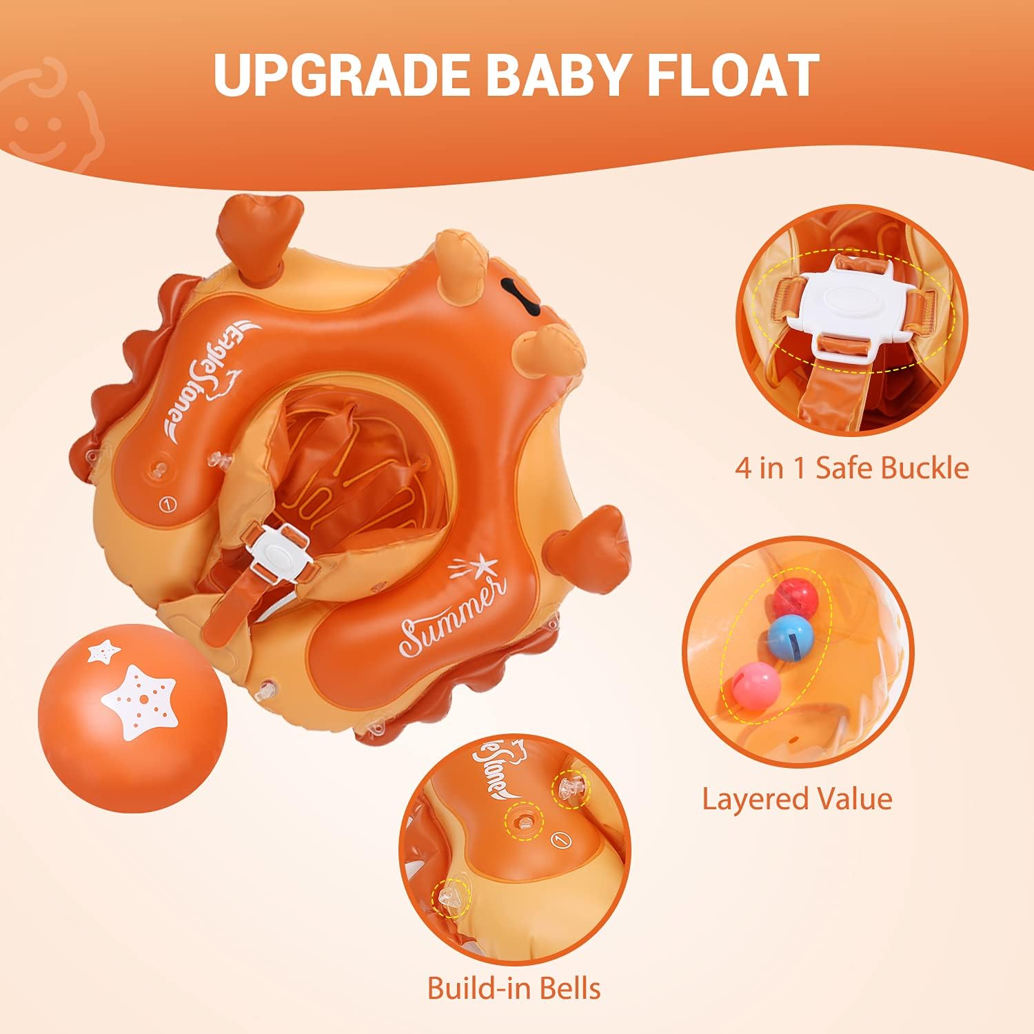 Eaglestone Baby Pool Float with UPF 50+ UV Sun Protection Canopy,Inflatable Orange Infant Toddler Pool Float for Age of 6-36 Months,Improved Add Tail Never Flip Over Baby Swimming Ring for Safer Swims : Toys & Games