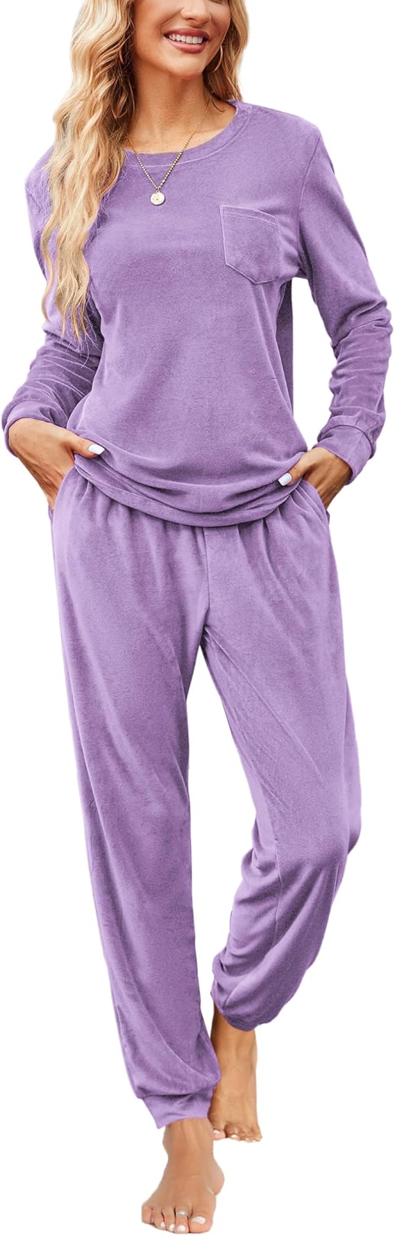 Ekouaer Womens Pajamas Sets Long Sleeve Soft Sleepwear 2 Piece Velvet Pjs Lounge Sets with Pockets