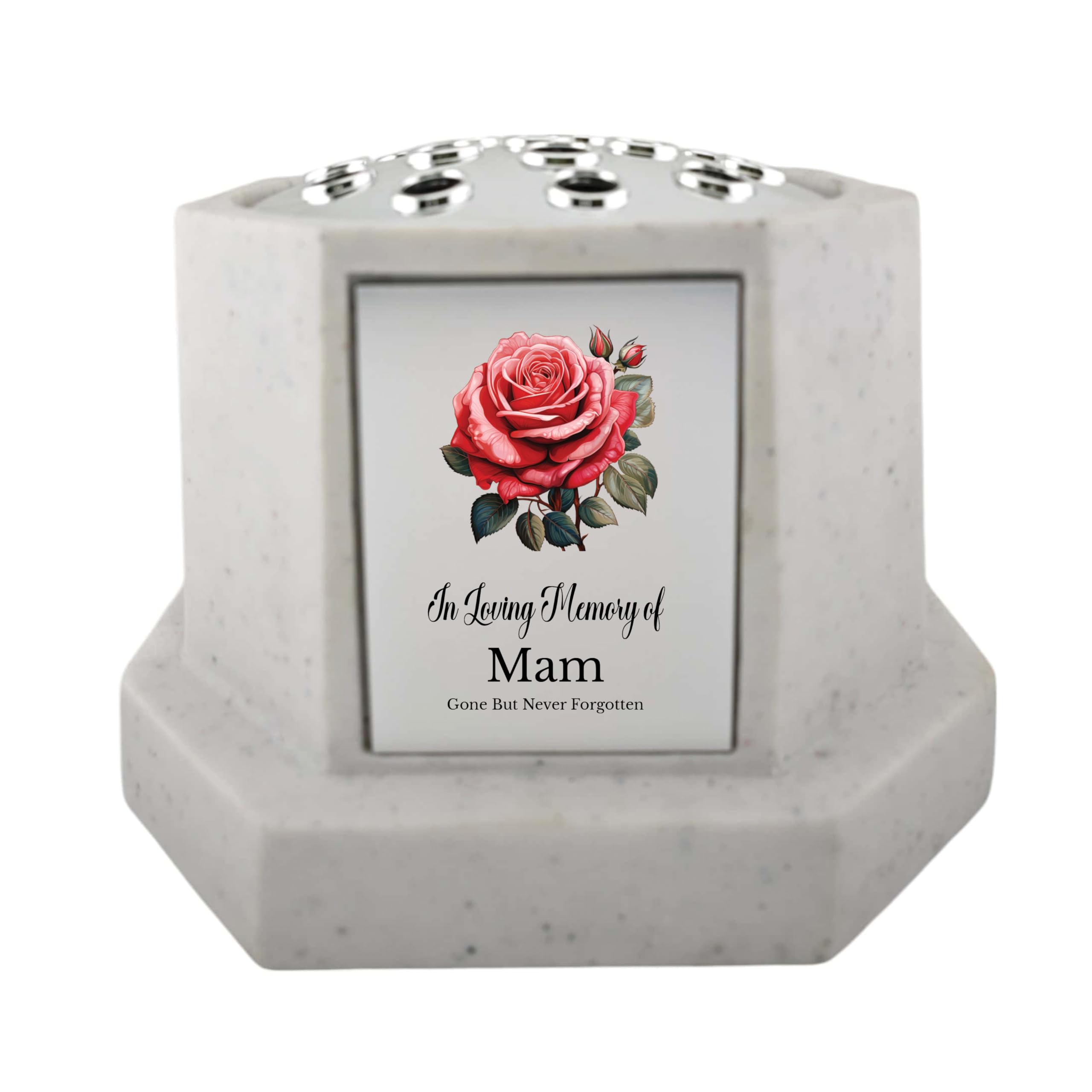 1Stclassgifts White In Loving Memory Of Memorial Octagon Rose Bowl Grave Marker Flower Pot Vase With Rose Design Mum Dad & Lots More /Silver (Uv Printed) (Mam)