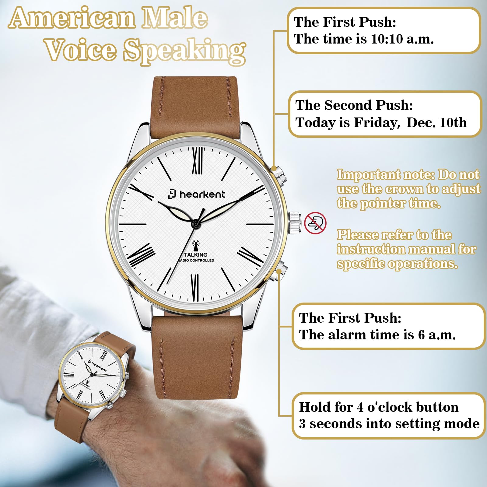 Hearkent Sprechende Uhr für Sehbehinderte, Zeit und Datum, Herren-Armbanduhren, automatische Zeitanpassung, Geschenke für Blinde, Senioren Männer mit Lederband