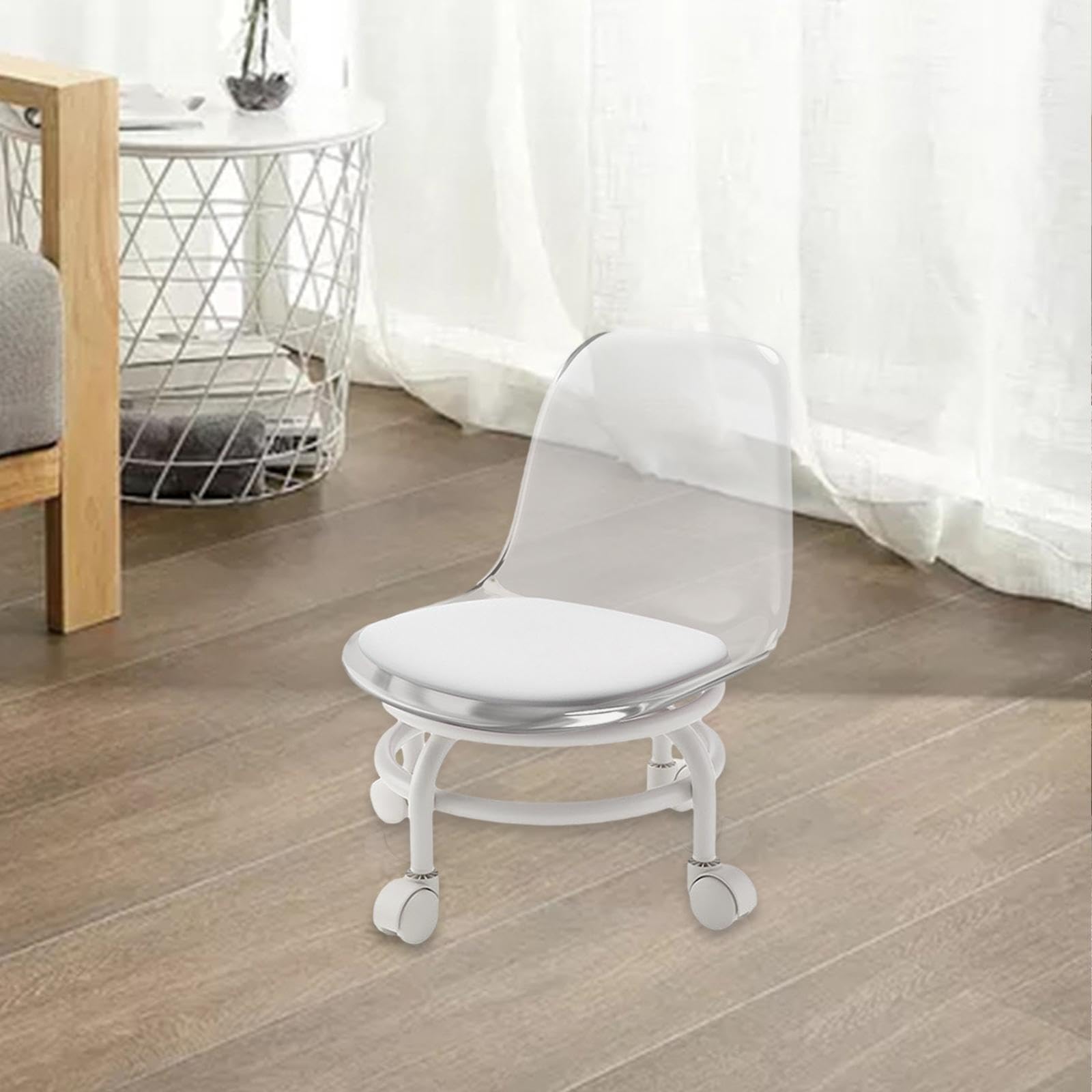 Taburete Bajo con Ruedas Asiento Rodante Silla Giratoria con Respaldo Tapizado en Cuero PU Material Resistente Adecuado para Limpieza en El Hogar Ofic, Claro, Individual
