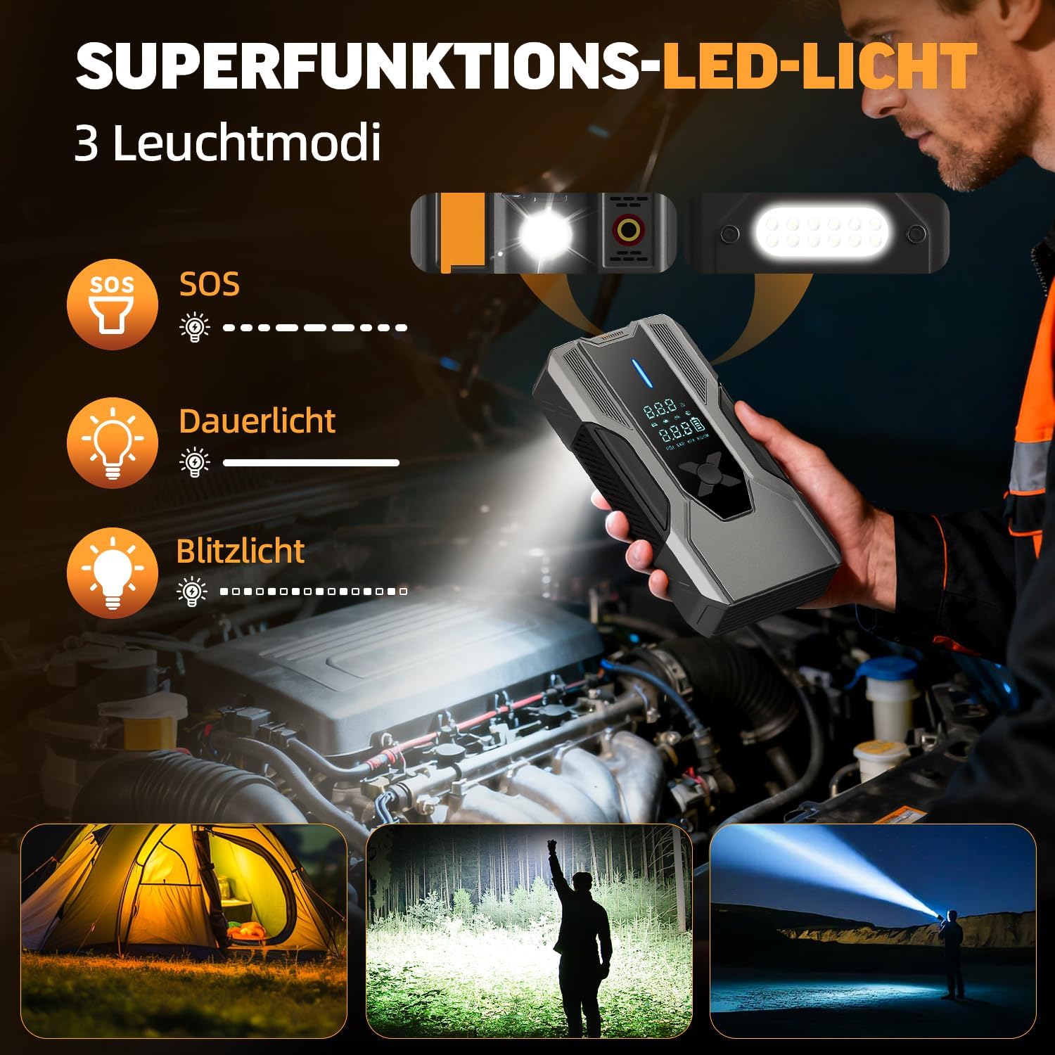 Starthilfe Powerbank für pkw 8000A, Jump Starter Auto mit Kompressor 150PSI, 26800mAh Auto Starthilfe Powerbank für All Benzin und 12.0L Dieselmotor, Autobatterie Ladegerät Eingang/Ausgang