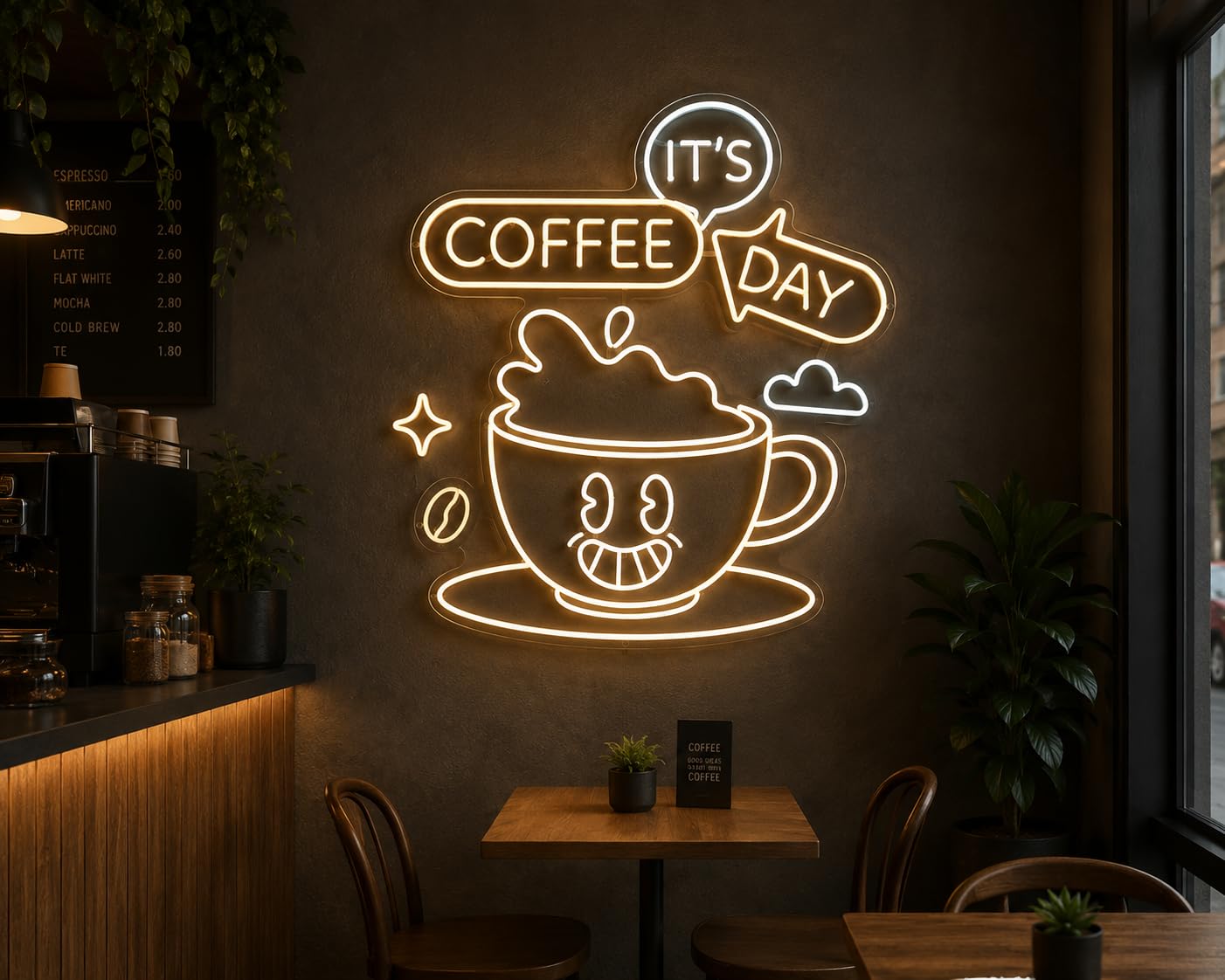 Letrero de Neón cafe its day Cartel Luminoso Decorativo APROXIMADAMENTE 70CM ALIMENTADOR 12 V