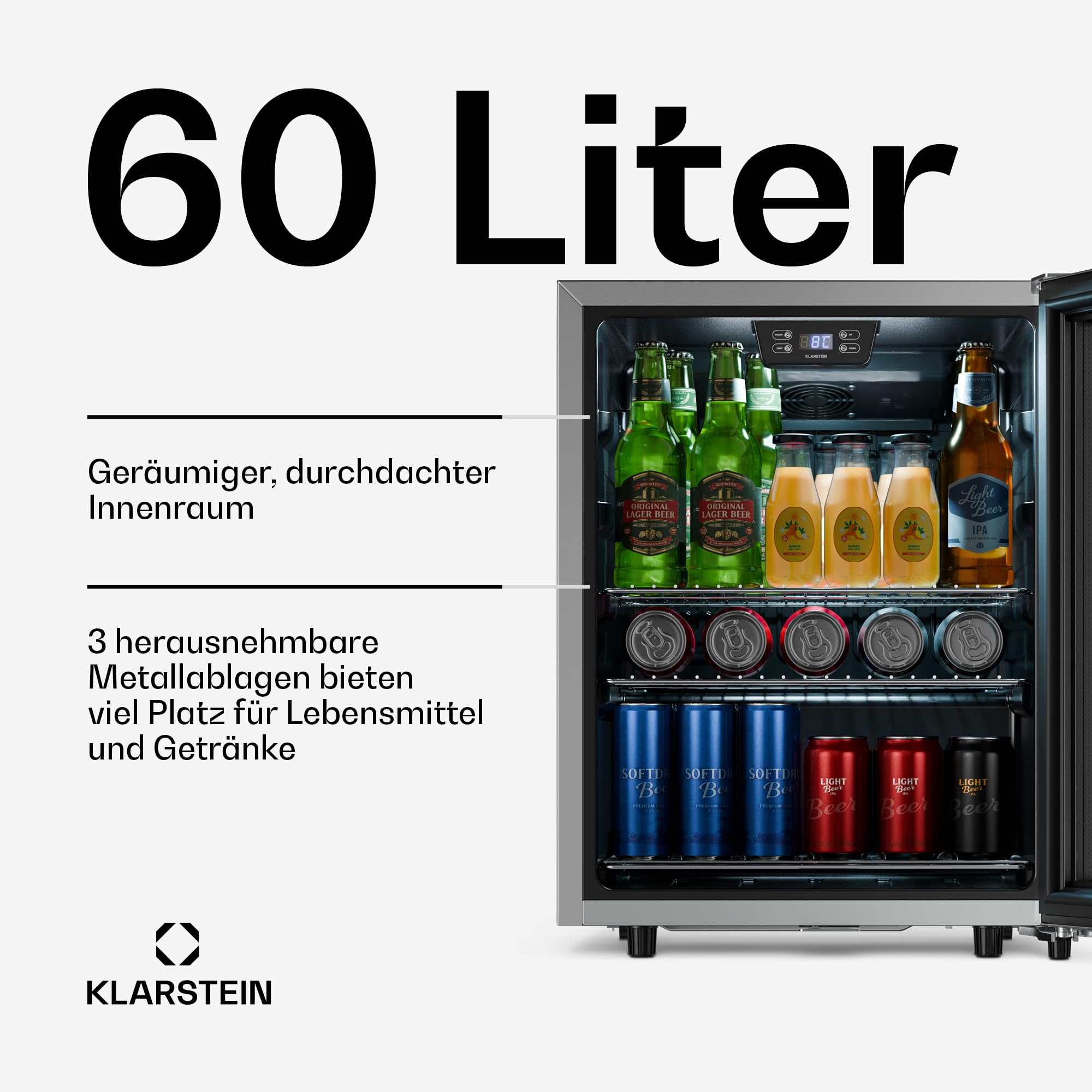 Klarstein LuxeChill Getränkekühlschrank 60 L Glastür 0–10 °C Touch-Bedienfeld LED-Beleuchtung IPX4