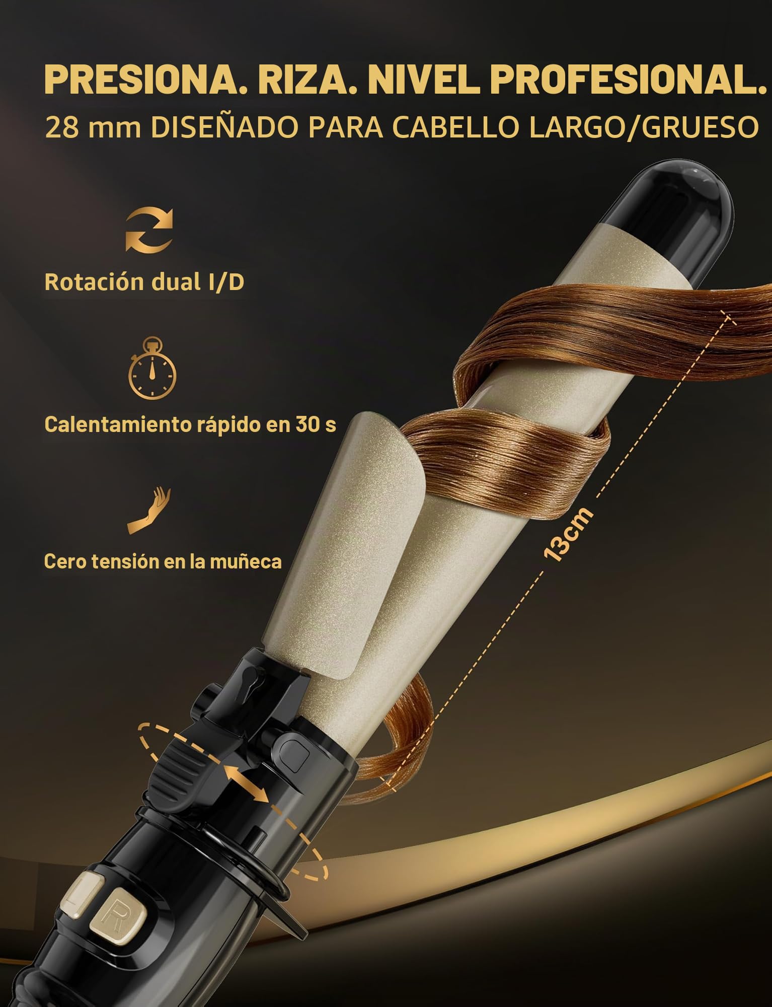 Rizador De Pelo Automático 28mm Profesional Rizos Grandes 14 Niveles Calor 100-230°C Pantalla LED Calentamiento Rápido 30s Apagado Automático