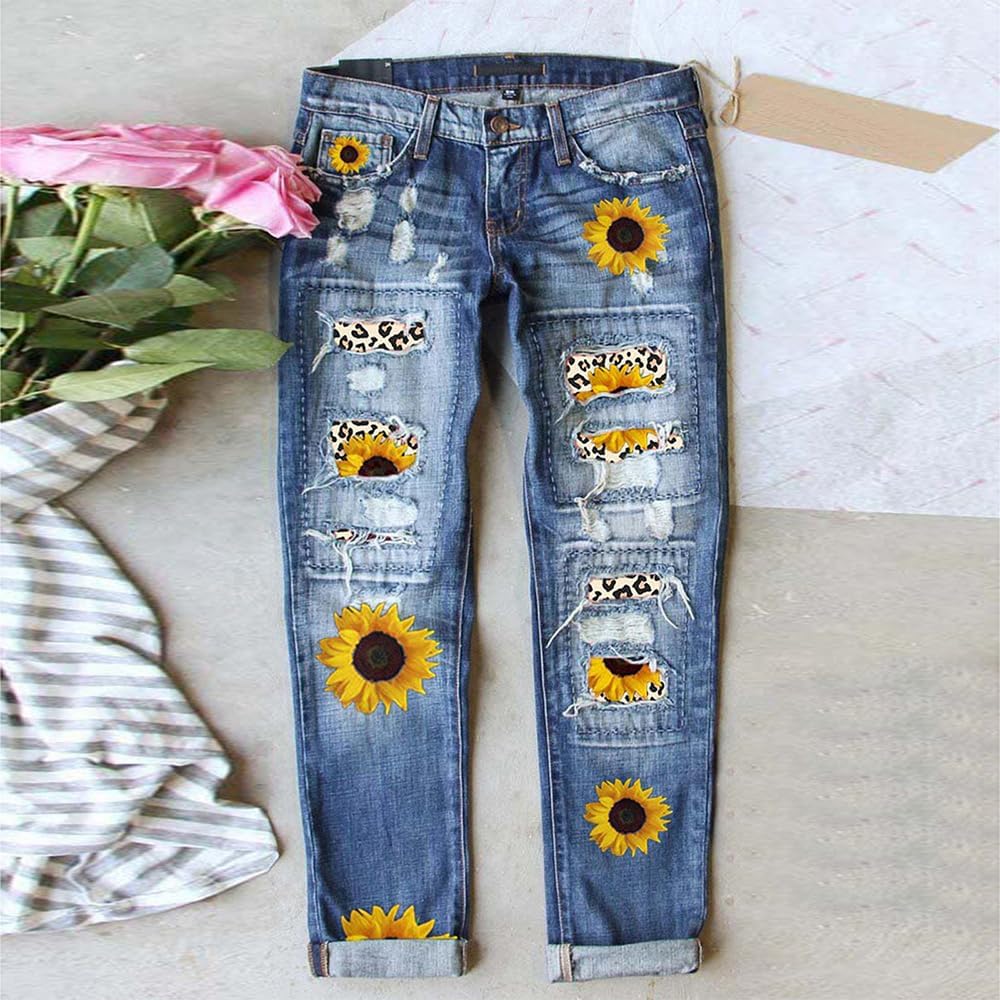 Womens Plaid Patch Ripped Boyfriend Distressed Stretch Skinny Denim Jeans with Hole