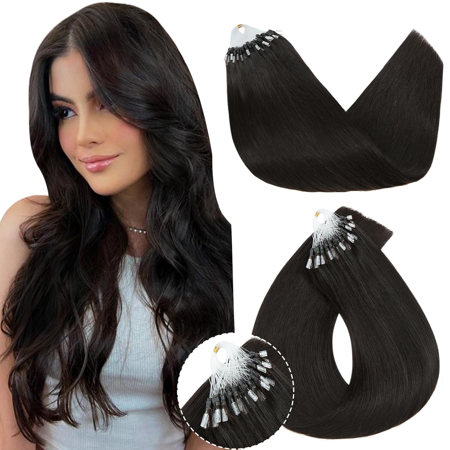 Microlink Hair Extensions, Micro Loop Human Hair Extensions, Long Straight Invisible Microbead Extensions for Women, 14 inches, Dark Brown, 50 Strands, 50g/pack