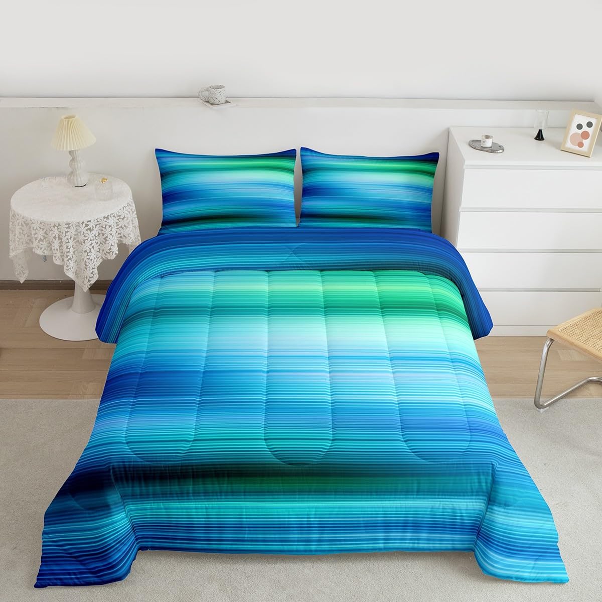 Erosebridal Abstract Art Comforter Green Blue Gradient Bedding,Geometric Striped Bedding Sets & Collections Surf Ocean Waves Down Comforter Twin Size Dreamy Glowing Duvet,Breathable Cozy 2-Piece