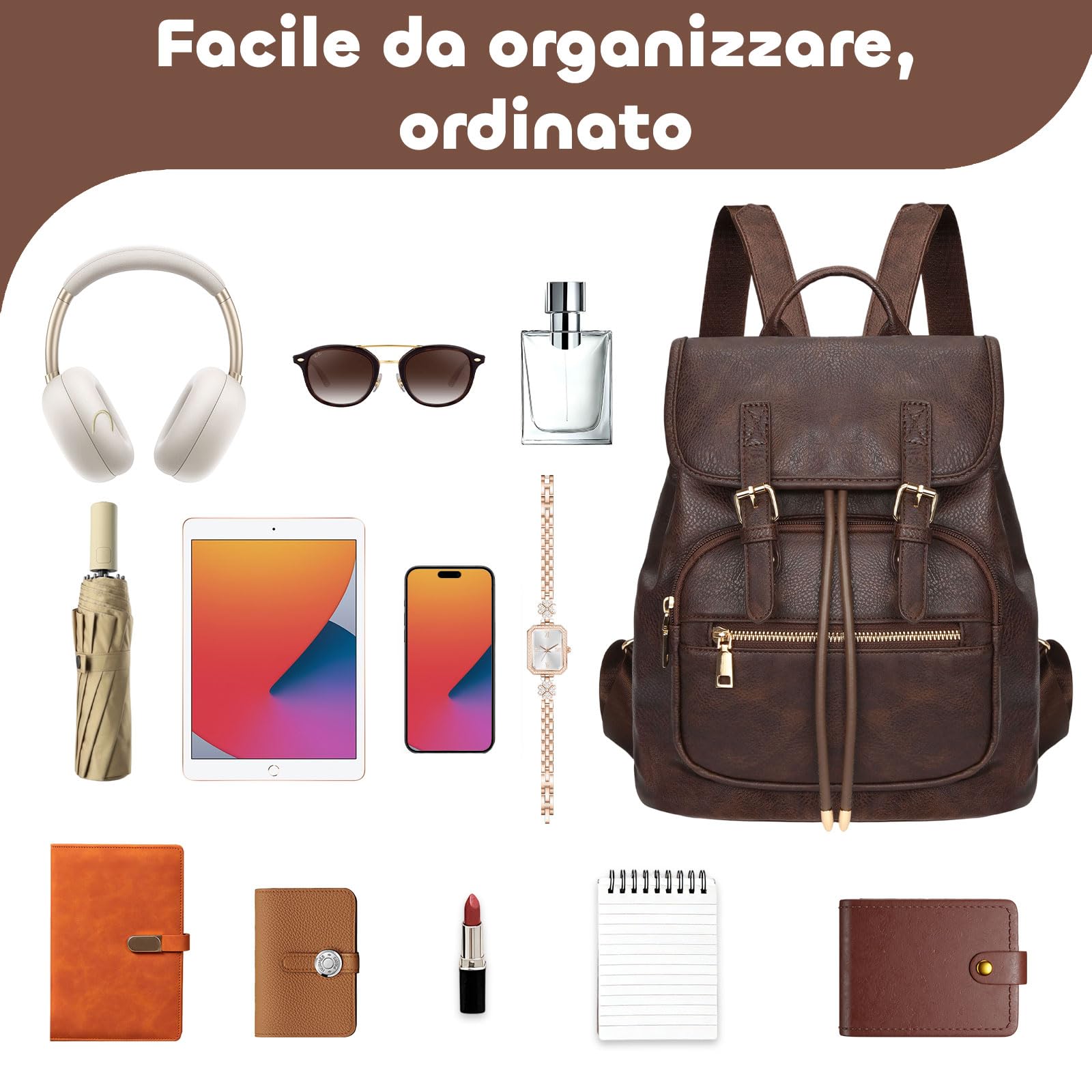 Leathario Zaino Donna in Pelle Vegana Antifurto con 6 Porta-Carte RFID Incluse, Elegante e Impermeabile, Zaino Casual per Università, Viaggi e Uso Quotidiano, Regalo per Donna