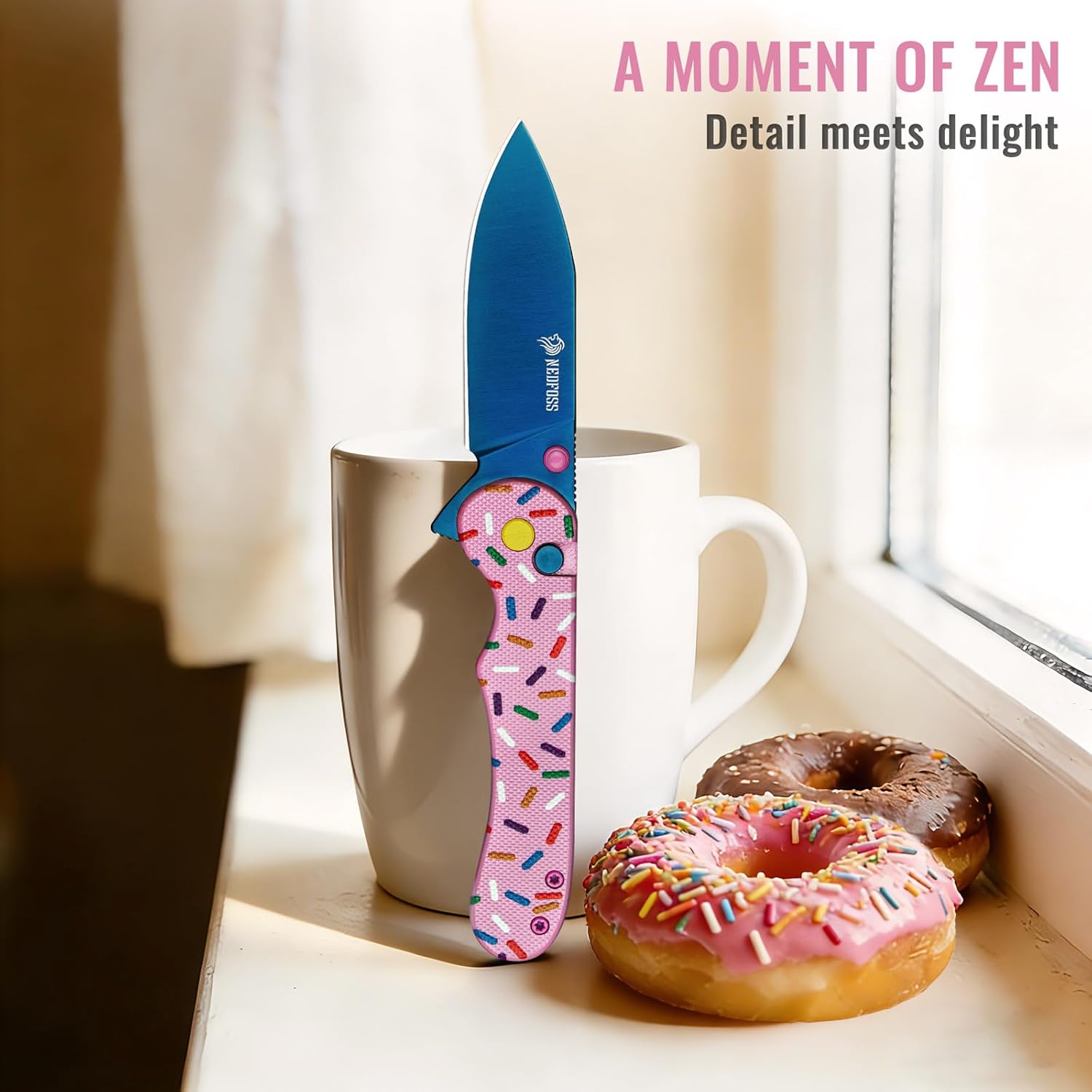 NedFoss DONUT Pink Pocket Knife for Women Men, 2.9" Blade Small EDC Knife, 14C28N Steel Button Lock Knife, Unique Donut Design G10 Handle Folding Knives