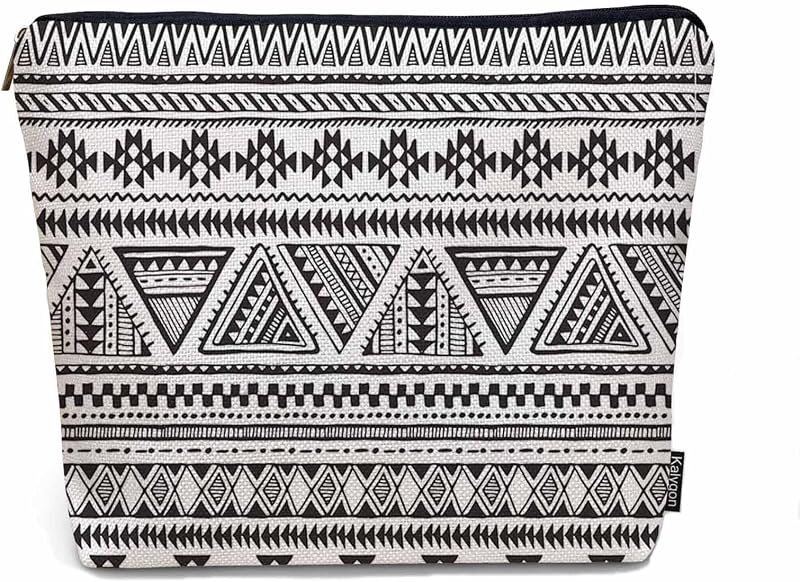 Necessaire Kalygon com zíper, estampa geométrica African Aztec, tecido de linho, 23 x 18 x 0,51 cm