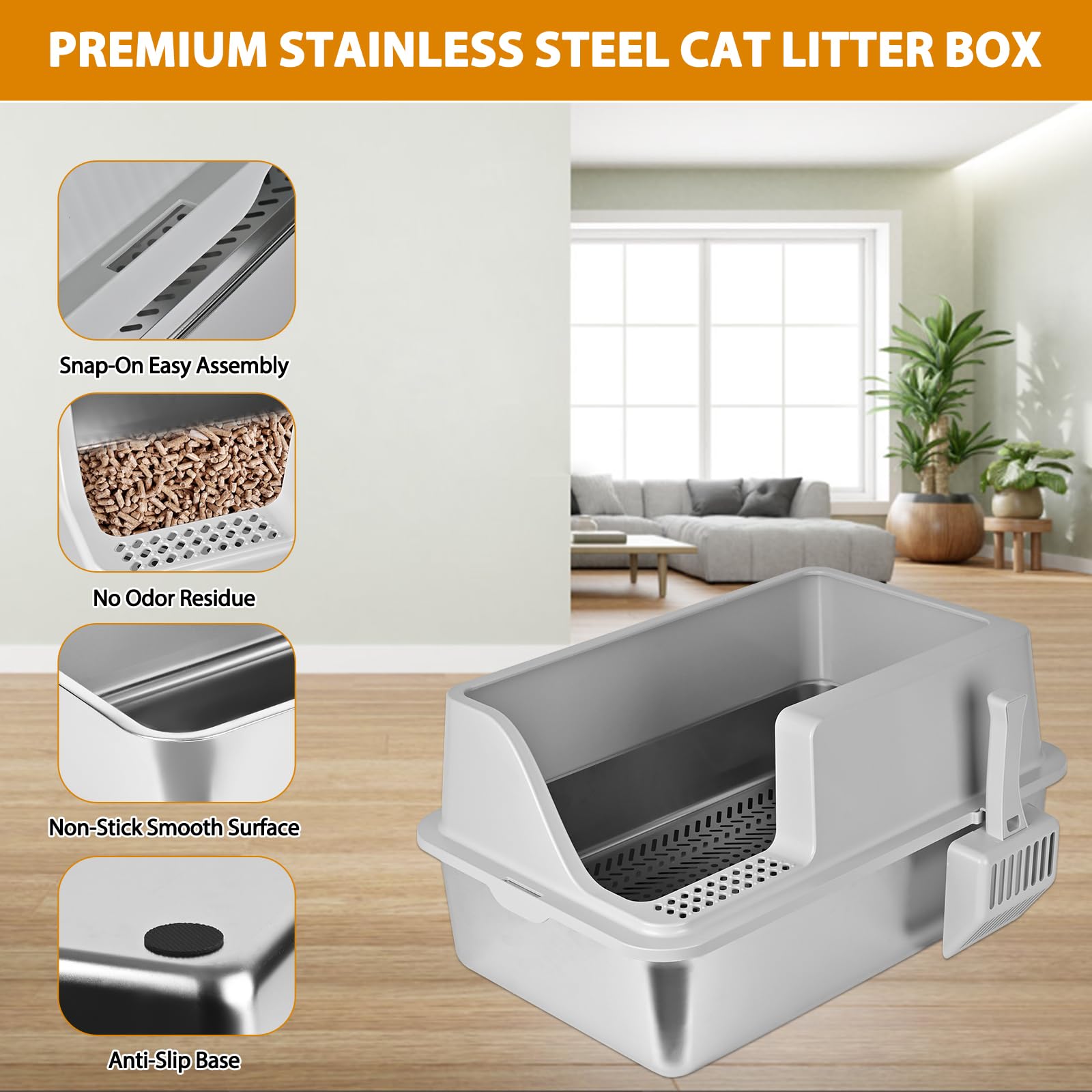 Homegroove Litière pour chat en acier inoxydable pour granulés de pin - 60 x 40 x 15 cm - Bord haut - Litière en métal avec couvercle - Pelle en plastique et 10 tampons d'urine (15,2 cm)