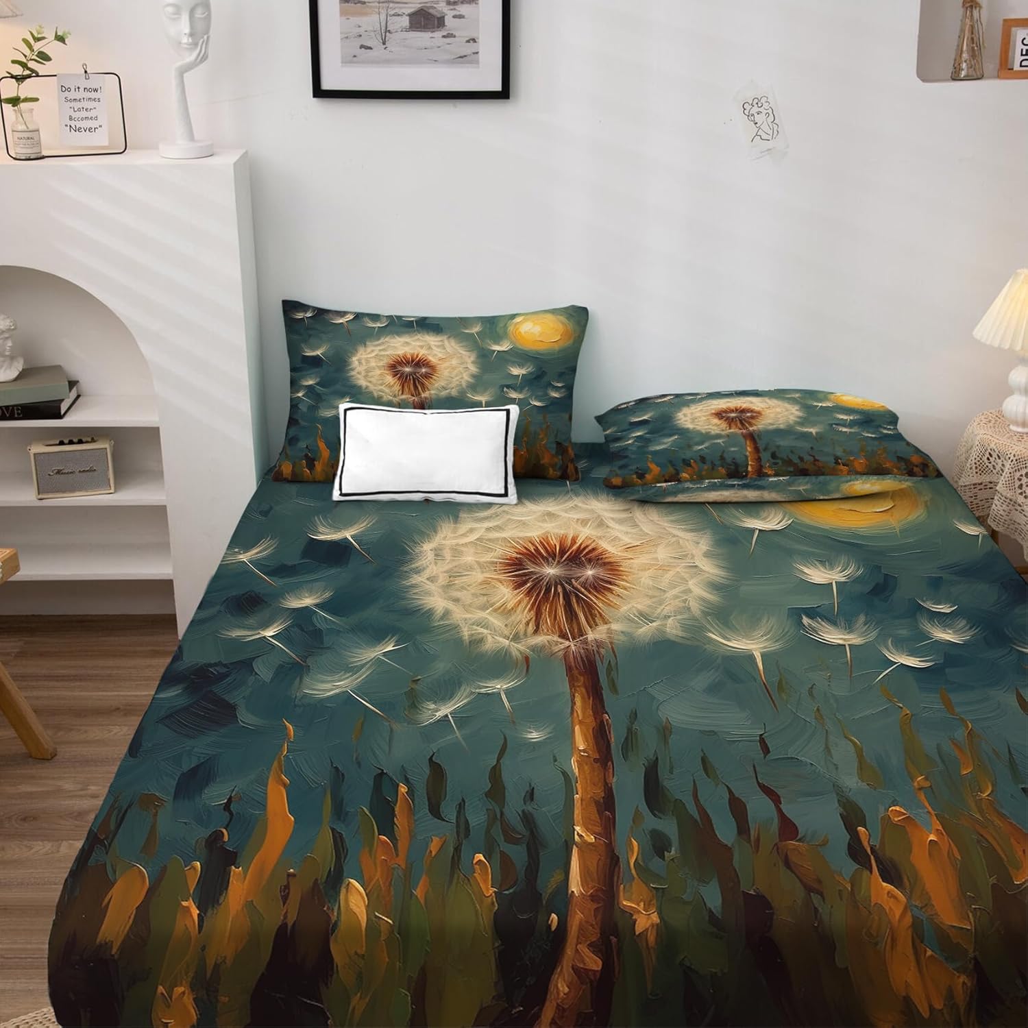 Dandelion Sheets Full Size Sheet Sets - Floral Bed Sheets, Soft Microfiber & Deep Pocket & Wrinkle Free Patterned Bedding Sheets & Pillowcases, 4 Piece ( 1 Fitted Sheet, 1 Flat Sheet, 2 Pillow Cases )