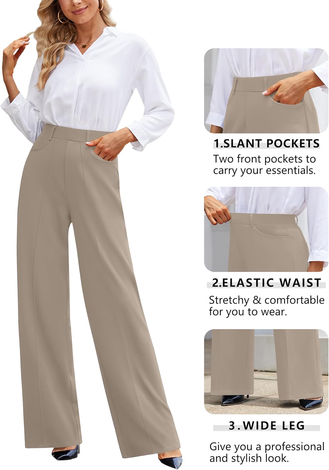 Narcissus Wide Leg Pants Trousers Pants for Women with Belt Loops Work Pants Women High Waisted Slacks for Office Wear