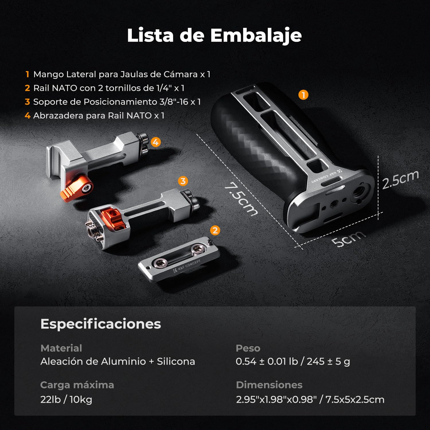 K&F CONCEPT Mango Lateral NATO para Jaulas de Cámara | Side Handle Ergonómica Universal 40mm Ajustable Arriba/Abajo con Adaptador de Zapata Rosca de 1/4" y 3/8" - PP31