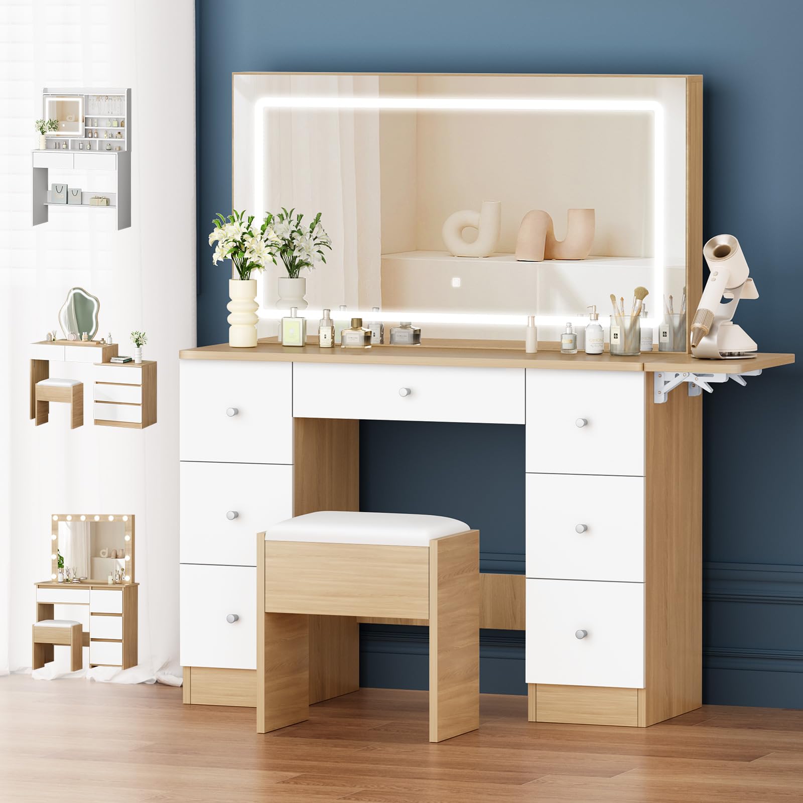 ALFORDSON Tocador con Espejo e iluminación, Juego de tocador de 90 cm con 4 cajones y Taburete de Almacenamiento, Luces LED Ajustables, tocador para Dormitorio de Mujeres y niñas, Madera