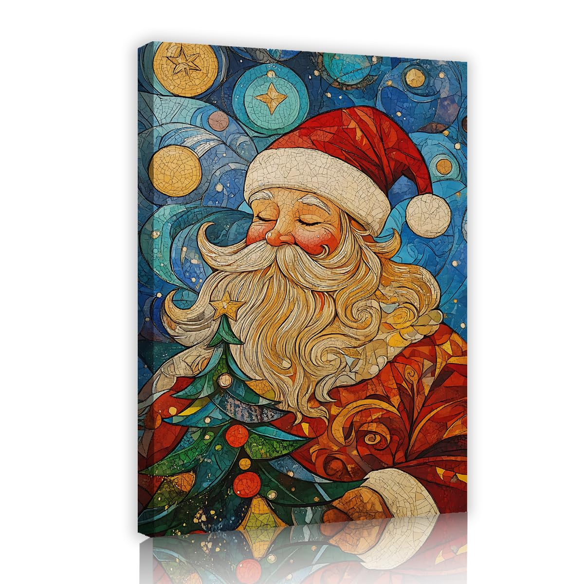 Via Vela Mosaic Starry Night Santa Framed Canvas Wall Art for Living Room Holiday Decor Stained Glass Christmas Tree Pictures Posters for Bedroom Hallway Cafe 70x110cm