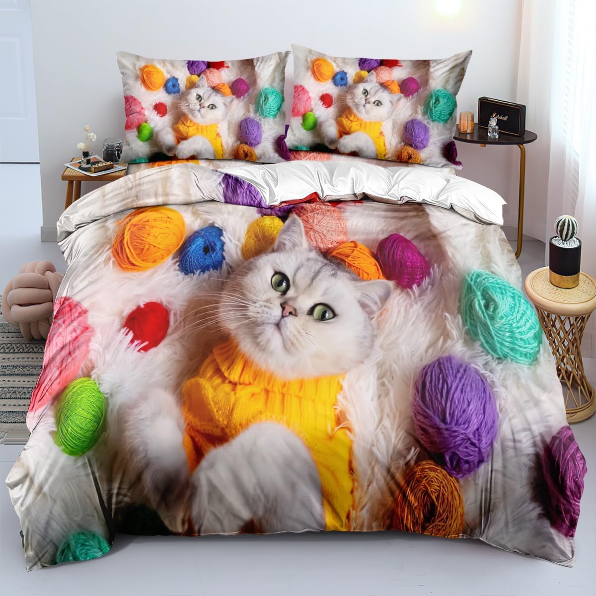 Housse de couette chat 160x200 microfibre anti-plis pour lit enfant