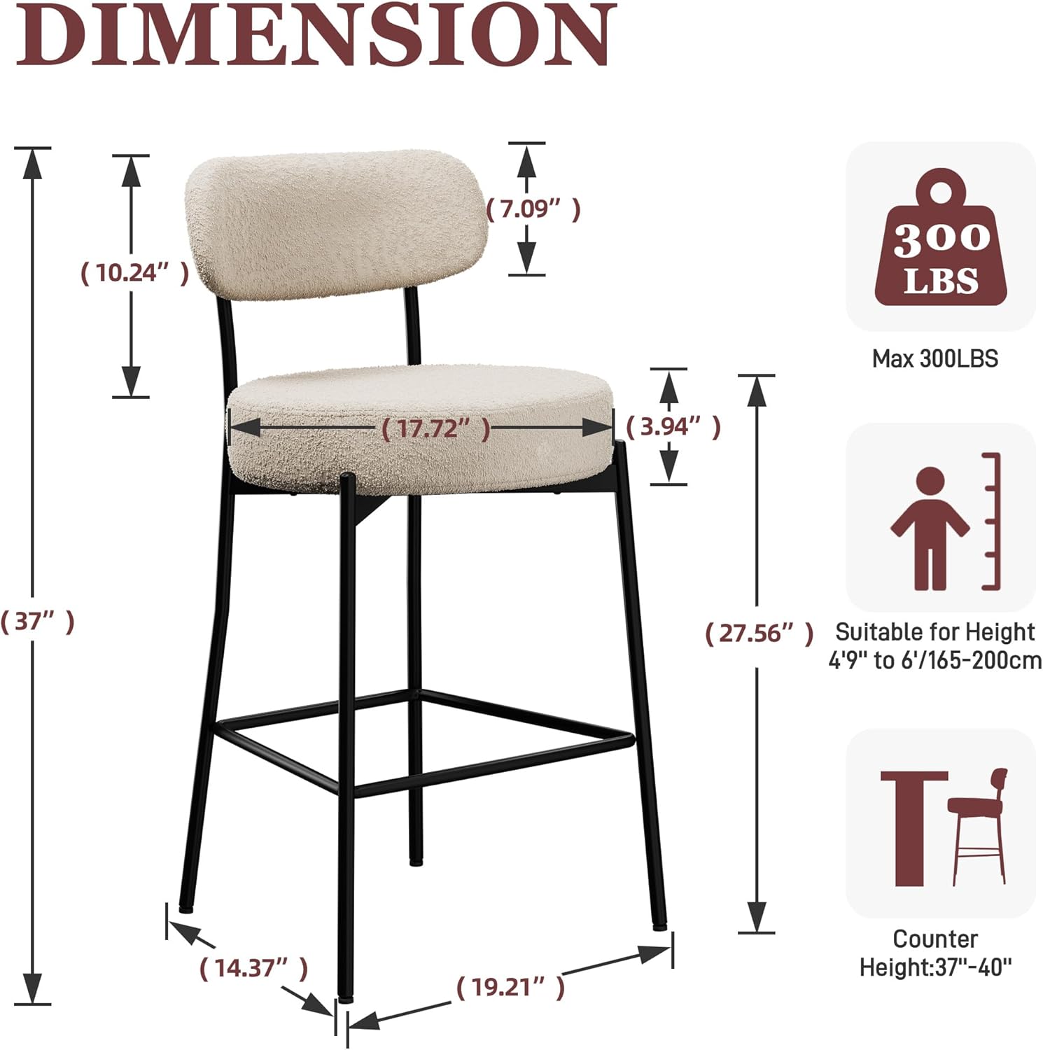 Bar Stools Set of 3, 27 Inches Counter Height Bar Stools with Back, Modern Upholstered Boucle Barstools for Kitchen Island, with Metal Leg and Cushion, Grey