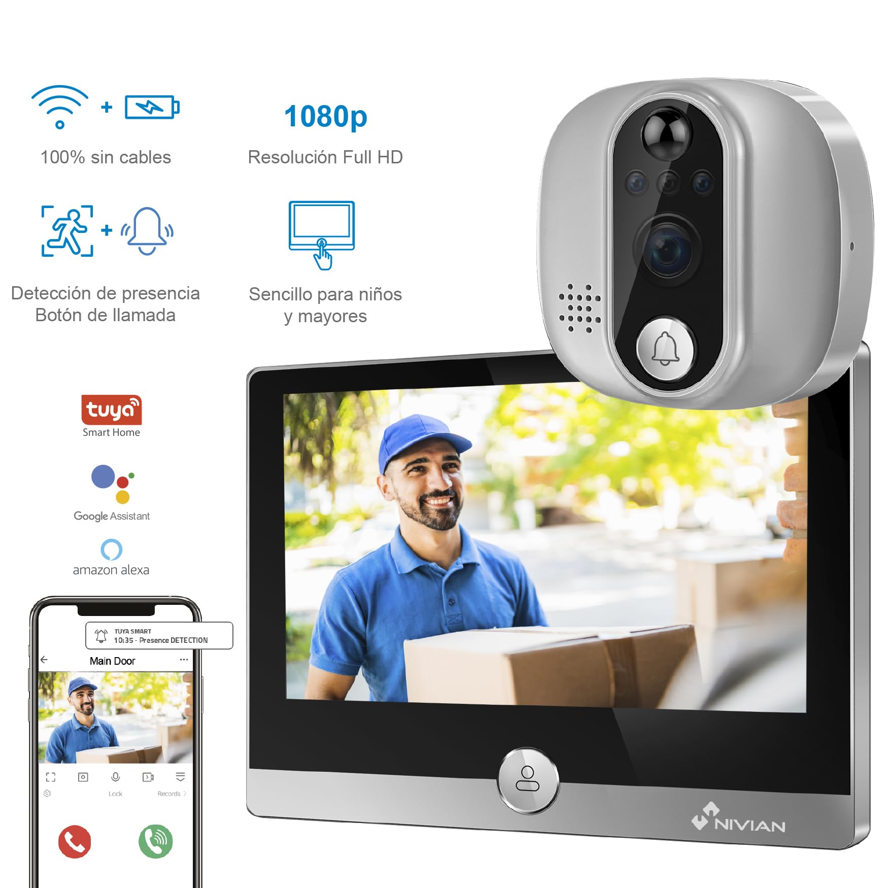 NIVIAN Mirilla Digital WiFi - Cámara vídeo Full HD con Batería y Timbre, Audio Bidireccional, Detección PIR y Visión Nocturna | App y Control por Smartphone