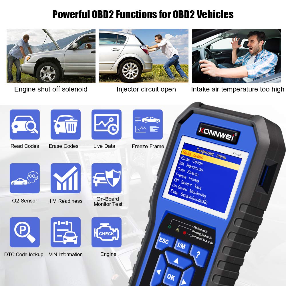 KONNWEI KW450 OBD2 urządzenie diagnostyczne kompatybilne z pojazdami VAG, wszystkimi systemami samochodów, urządzenie do odczytu błędów, kontrolka silnika EPB, ABS, SRS, OBD, olej, TPS, narzędzie do resetowania